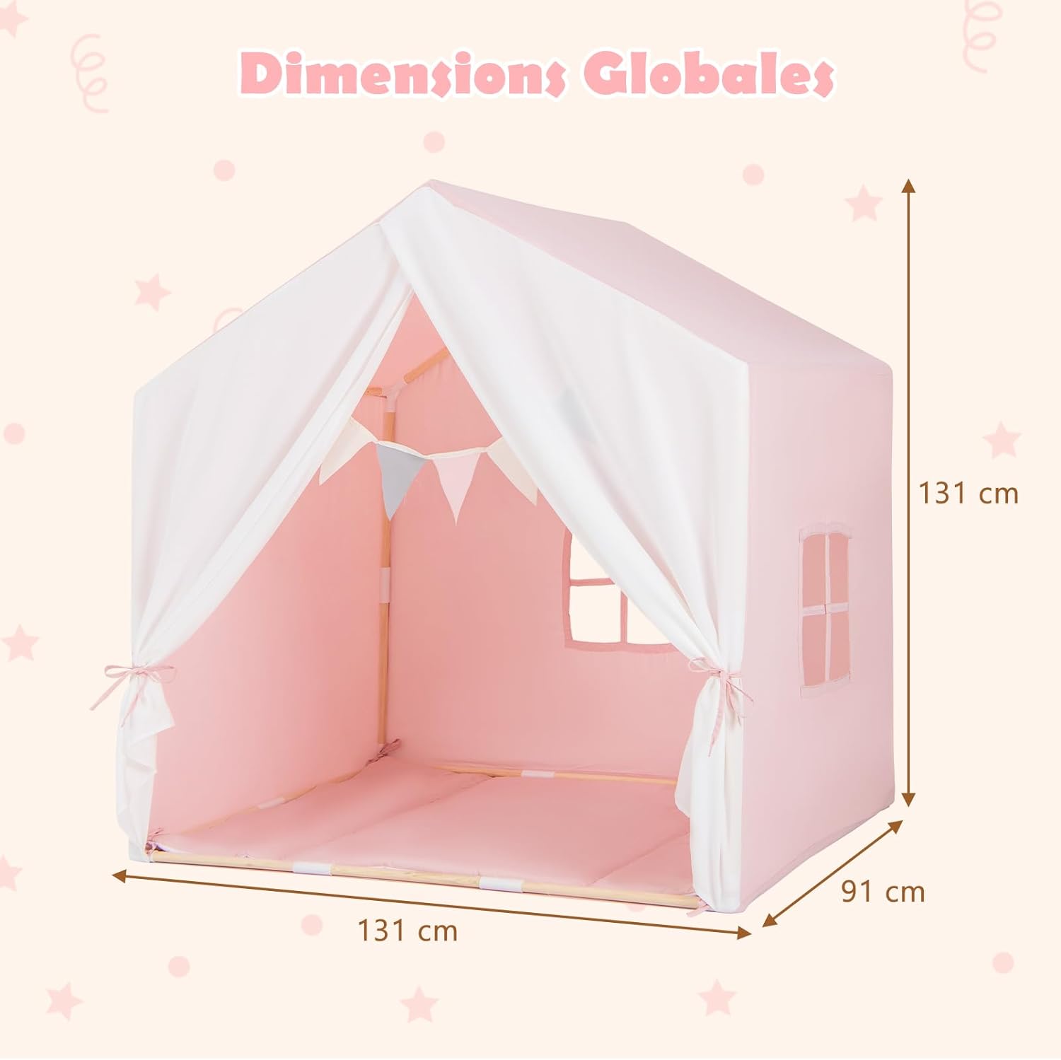 Tenda da Gioco per Bambini, Tenda per Bambini con Finestre Tappetino Lavabile in Cotone e Bandiera, Castello da Gioco per Bambini 3 Anni + (Ro - 5