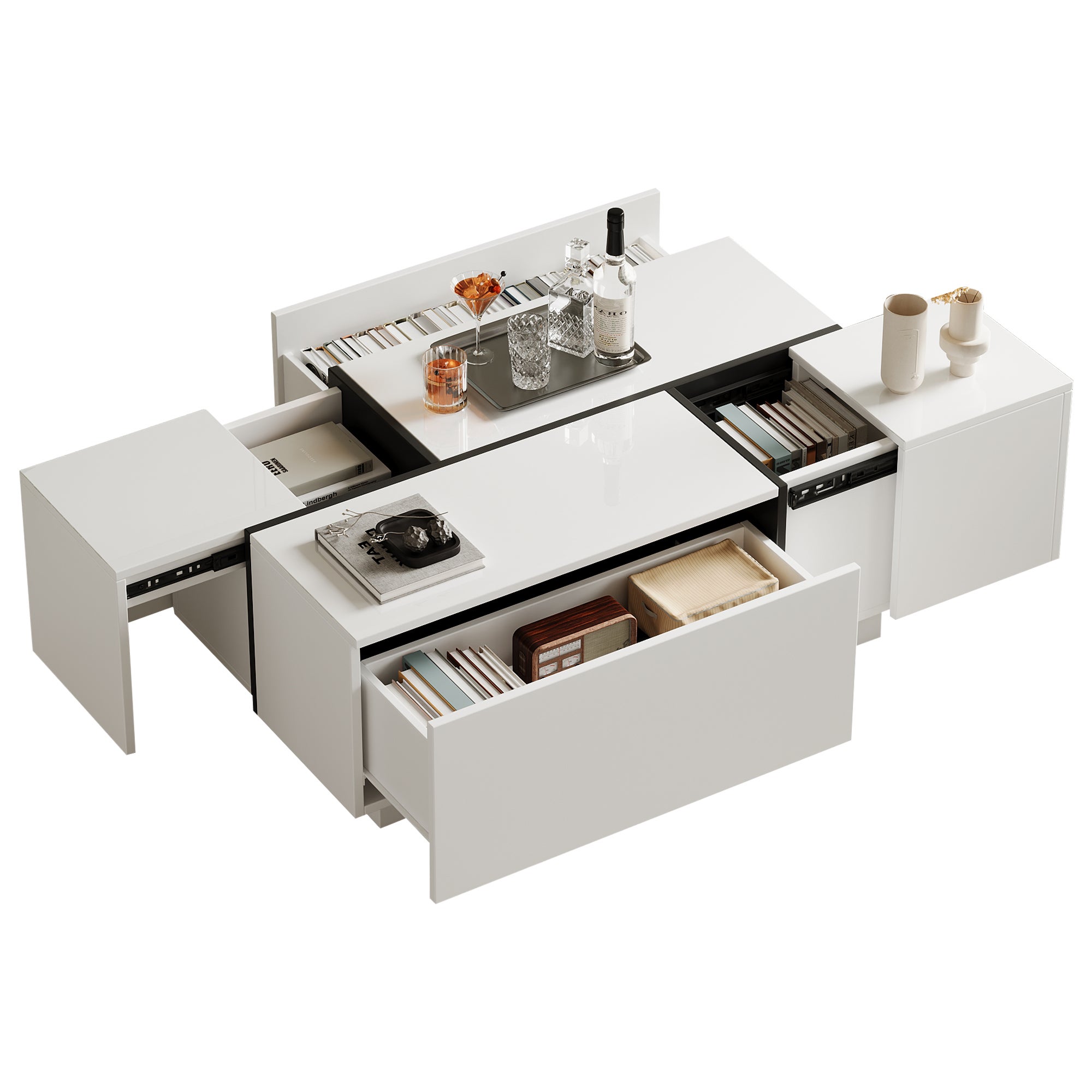 Table basse 100×60×40 cm, avec 4 tiroirs et plateau en haute brillance - en panneaux de particules blanc et noir - 5