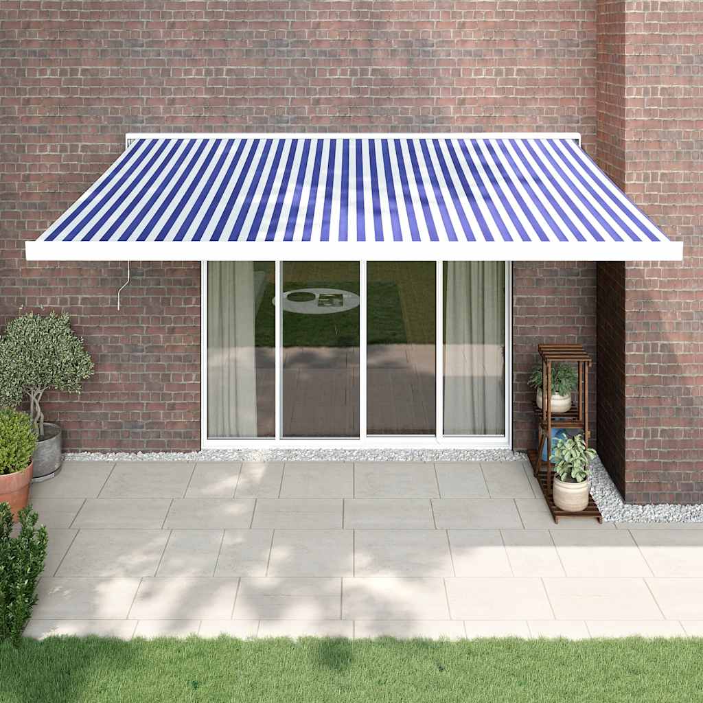 Toldo retráctil, azul y blanco, 4x3 m, tela y aluminio.