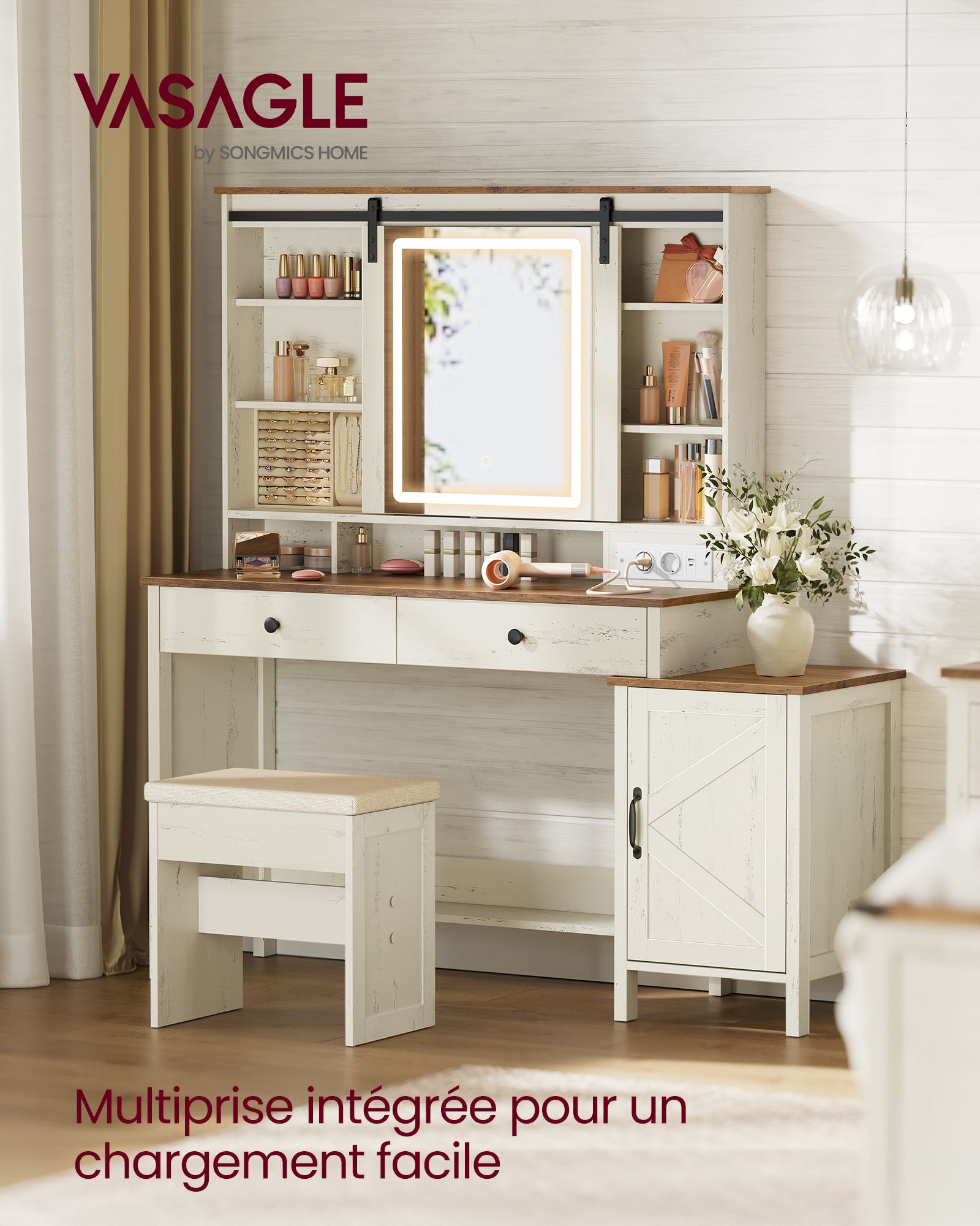 Coiffeuse Avec Miroir LED 3 Luminosités, 4 Tiroirs Et 6 Étagères - Meuble Maquillage Moderne Avec Tabouret