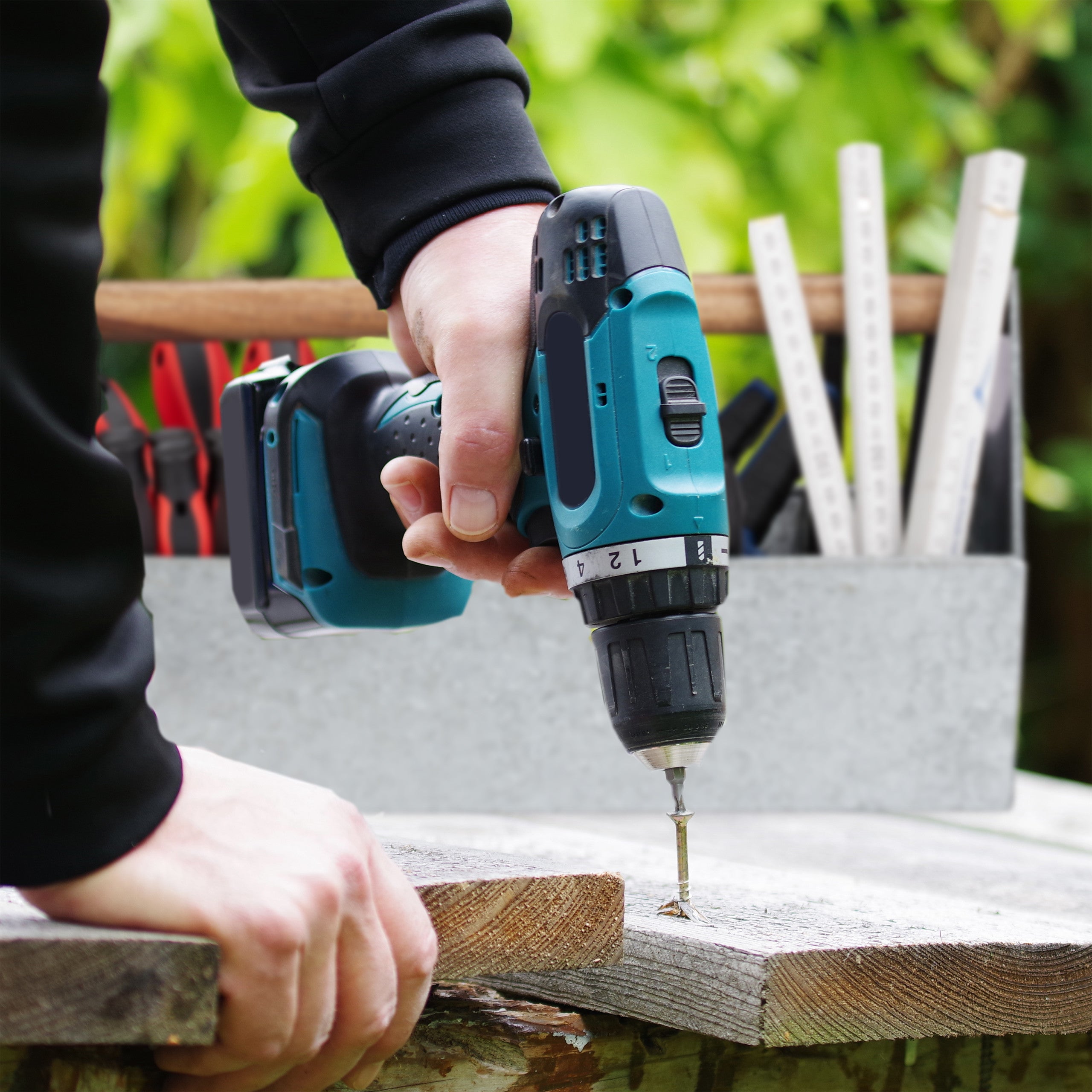 Jardinière, manche en bois, fleurs, plantes et herbes, design boîte à outils, fer, HLP 20x36x20 cm, argenté, Relaxdays - 3
