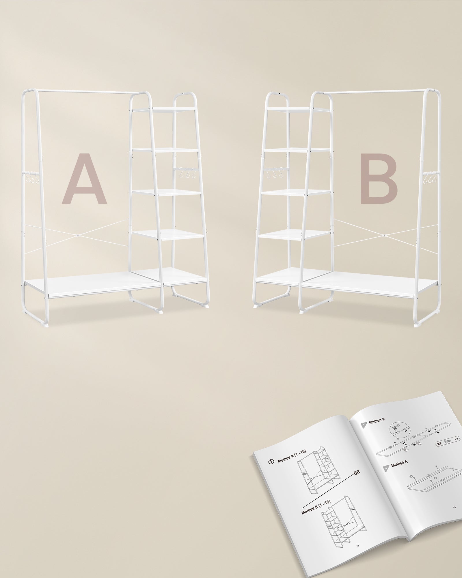 Porte-manteau sur Pieds, avec 5 Étagèress de Rangement, 6 Crochets, pour Chambre, Salon, Couloir, Style Industriel, Blanc Nuage et Blanc Mat - 6