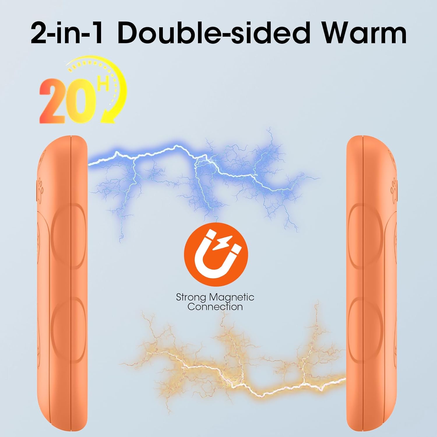 Scaldamani ricaricabili (confezione da 2), scaldamani elettrico 2 in 1, riscaldamento bifacciale, adatto per uomini e donne, arancione. - 3