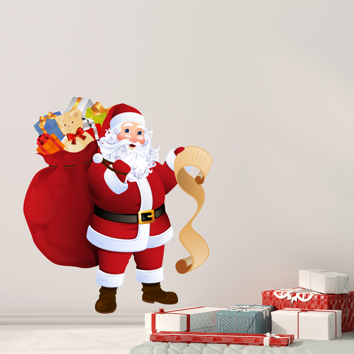 Vinilo navidad santa claus y su lista de regalos - adhesivo de pared - revestimiento sticker mural decorativo - 80x65cm