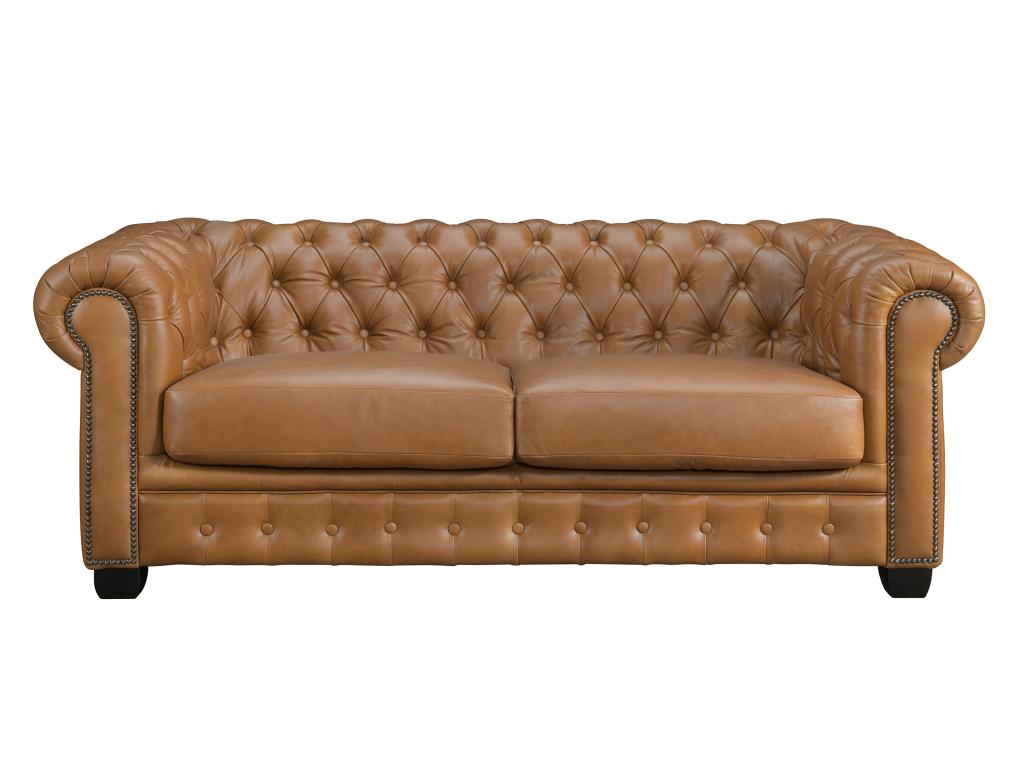 Kanapa 3-osobowa typu chesterfield ze 100% skóry bawolej w kolorze karmelowym vintage