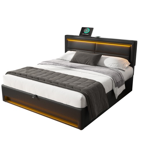 Lit coffre 140x190 cm,lit rembourré -port usb+éclairage led+ grand espace rangement - sans matelas-noir - 9