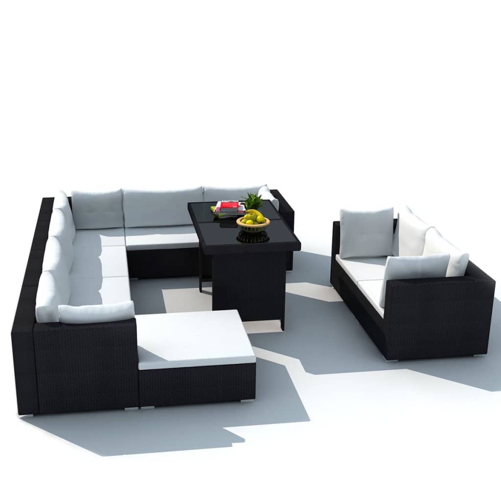 The Living Store - Salon de jardin 10 pcs avec coussins Résine tressée Noir - 3