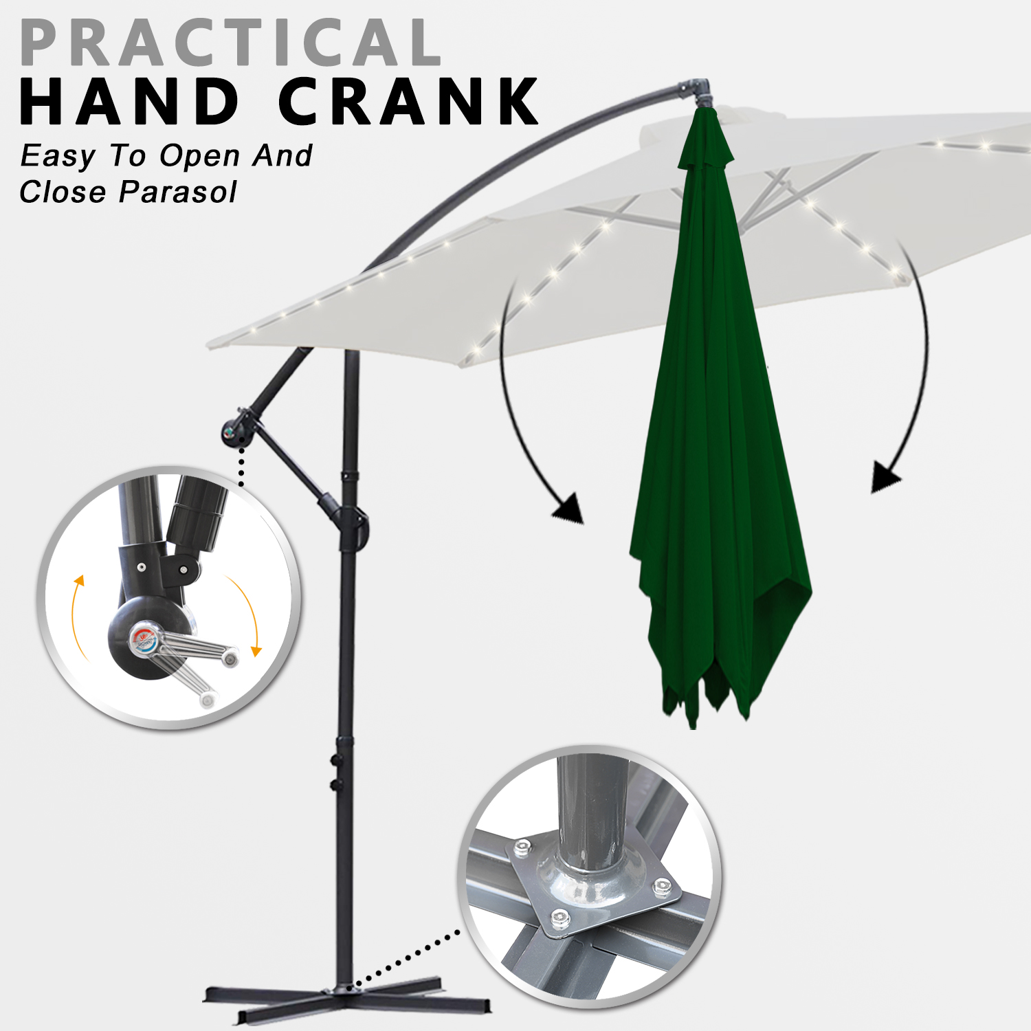 Parapluie 3.5m Parasol avec LED Alu pivotant Parasol jardin terrasse balcon vert - 3