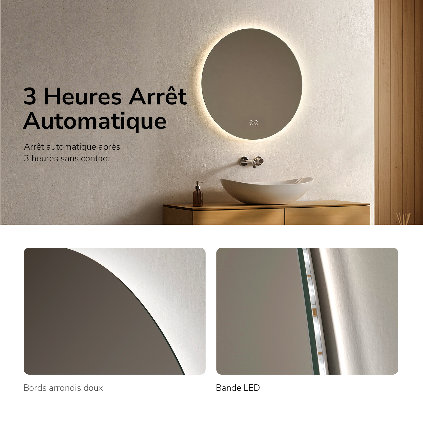 EMKE Miroir lumineux salle de bain rond diamètre 50cm, rétro-éclairage sans cadre, Miroir LED avec Interrupteur Tactile, Lumière Froide/Neutre/Chaude - 5