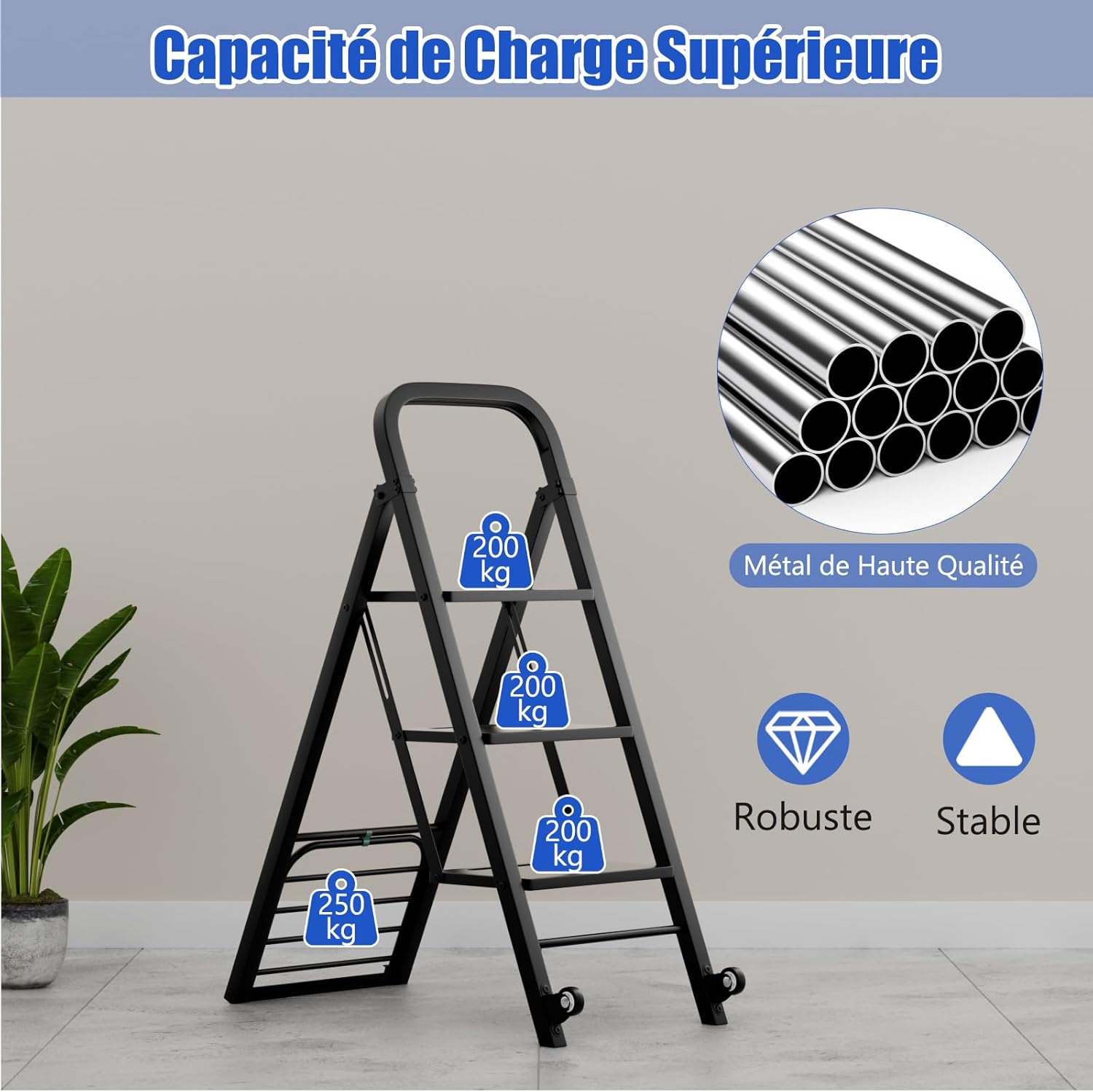 Escabeau Pliable à 3 Marches, Chariot Echelle 2 en 1 avec 2 Roues en Caoutchouc, Chariot Utilitaire en Fer, Charge 250Kg, Noir - 5