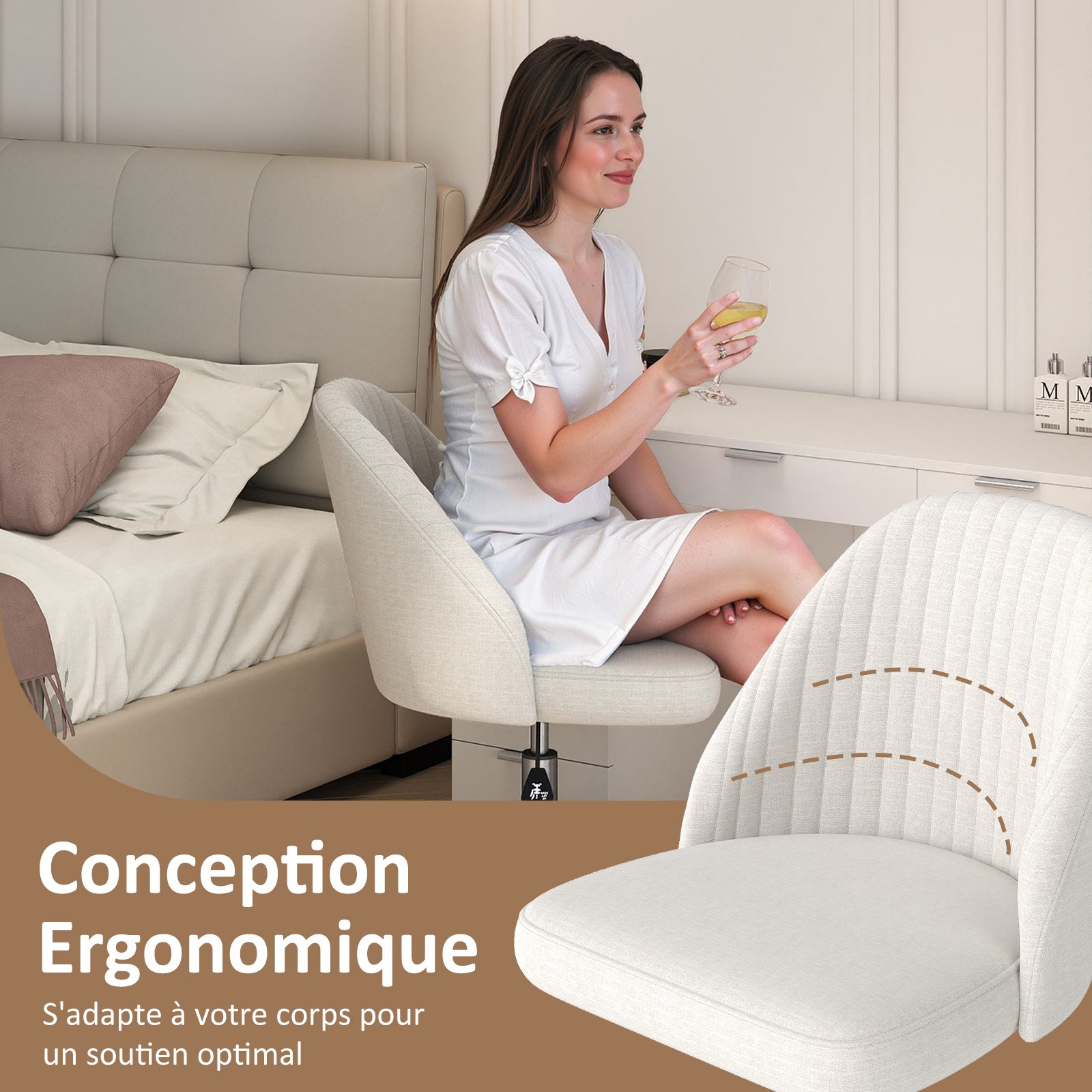 Chaise de Bureau Pivotante, Chaise de Coiffeuse sur Roulettes avec Siège Rembourré sans Accoudoirs, Réglable en Hauteur, Beige - 7