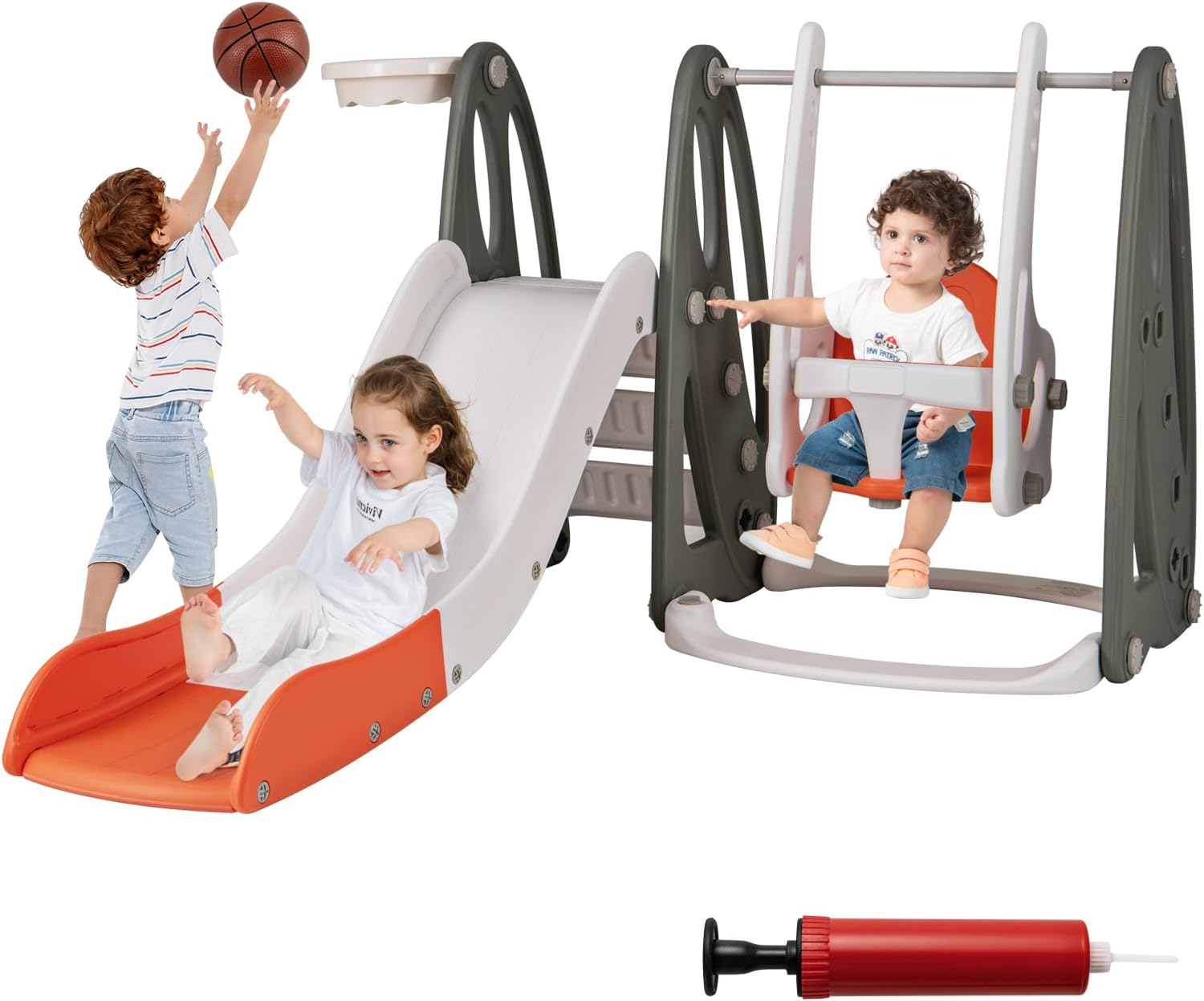 4 w 1 Składana Zjeżdżalnia z Huśtawką o Regulowanej Wysokości, Plac Zabaw z Koszem do Koszykówki, Obciążenie 30 kg, dla Dzieci Powyżej 18 Miesięcy