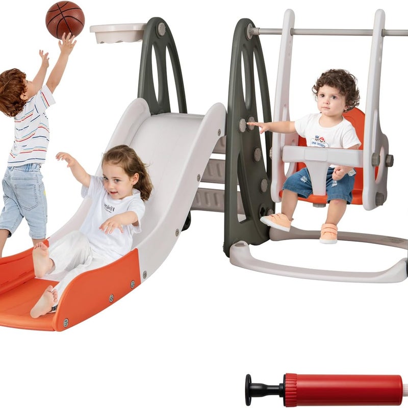 4 w 1 Składana Zjeżdżalnia z Huśtawką o Regulowanej Wysokości, Plac Zabaw z Koszem do Koszykówki, Obciążenie 30 kg, dla Dzieci Powyżej 18 Miesięcy
