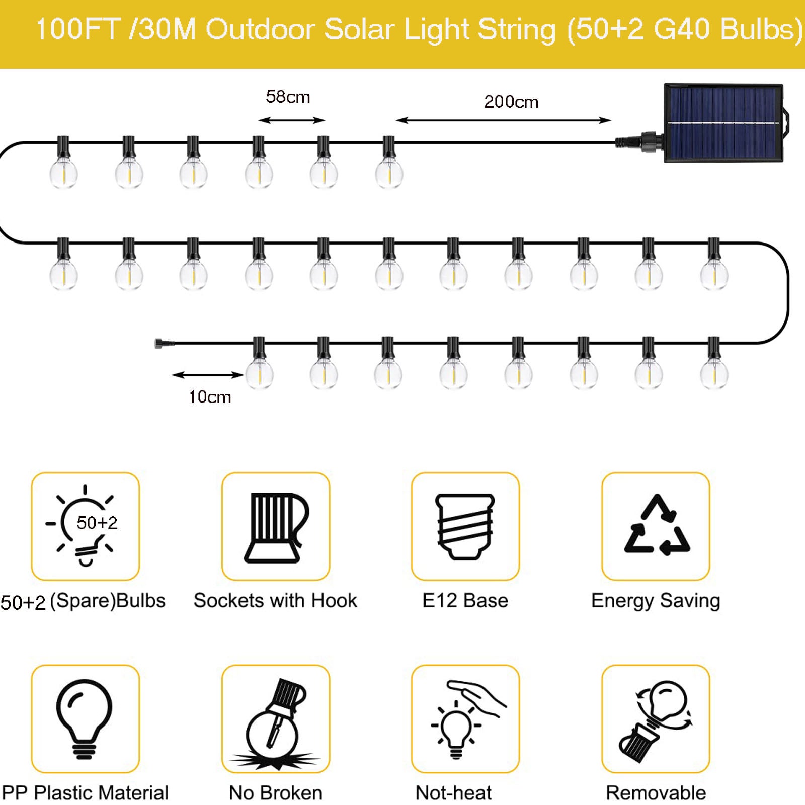 Cordão de Luzes Solares para Exteriores de 30 m - com 50 + 2 Lâmpadas G40, Cordão de Luzes à Prova D'água,8 Modos,para Dia dos Pais(Luz Branca Quente) - 4
