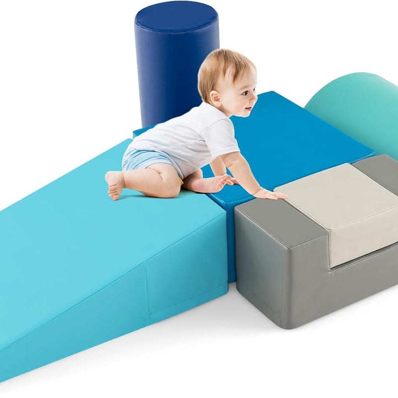 6 Szt. Tor Przeszkód dla Niemowląt, Moduł Motoryczny dla Niemowląt z Pianki, z Pokrowcem z PU i Wypełnieniem z EPE (Niebieski Błyskawica)
