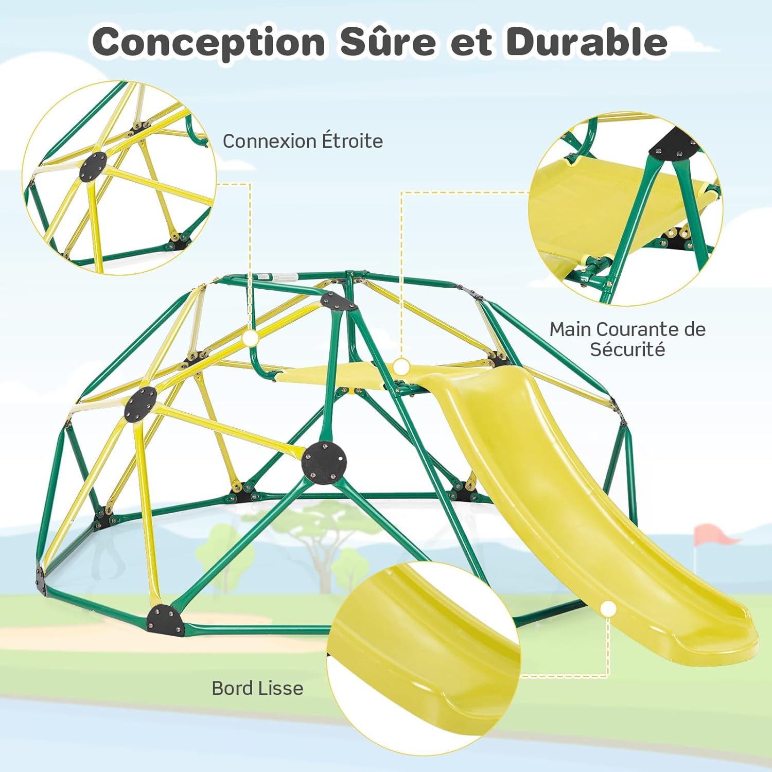Conjunto de cúpula de escalada e escorrega 2 em 1, escada de escalada geométrica em metal estável com capacidade para 150 kg, parque infantil (verde e - 5