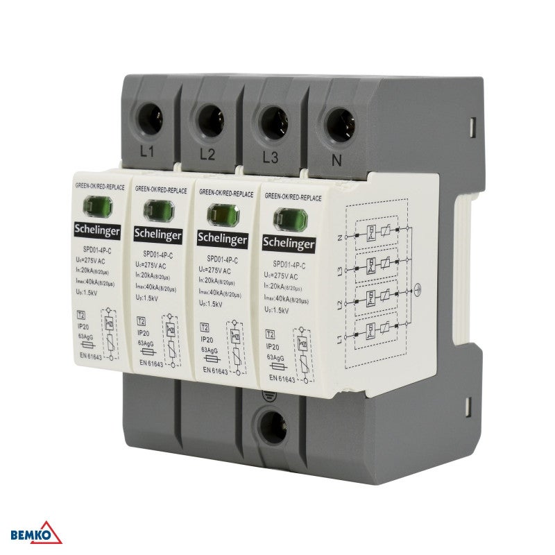 Parafoudre type 2+3, 20ka, uc320v, 3+1 tt, 4 pôles, 4 mods