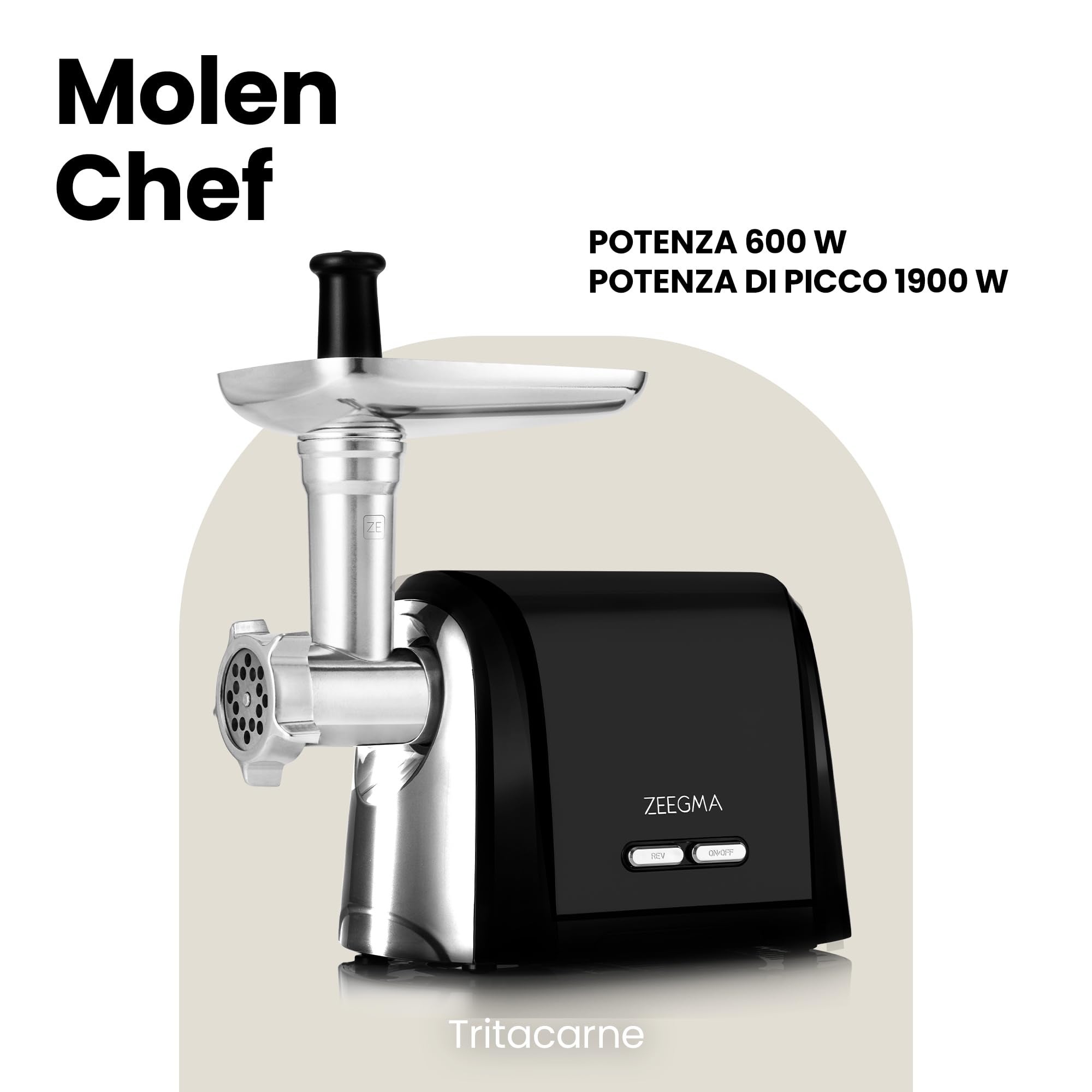 ZEEGMA Molen Chef Tritacarne Elettrico per carne, formaggi e tagliaverdure Potenza di picco 1900W, 4 Piastre di molatura in acciaio inox, Macchina per - 2