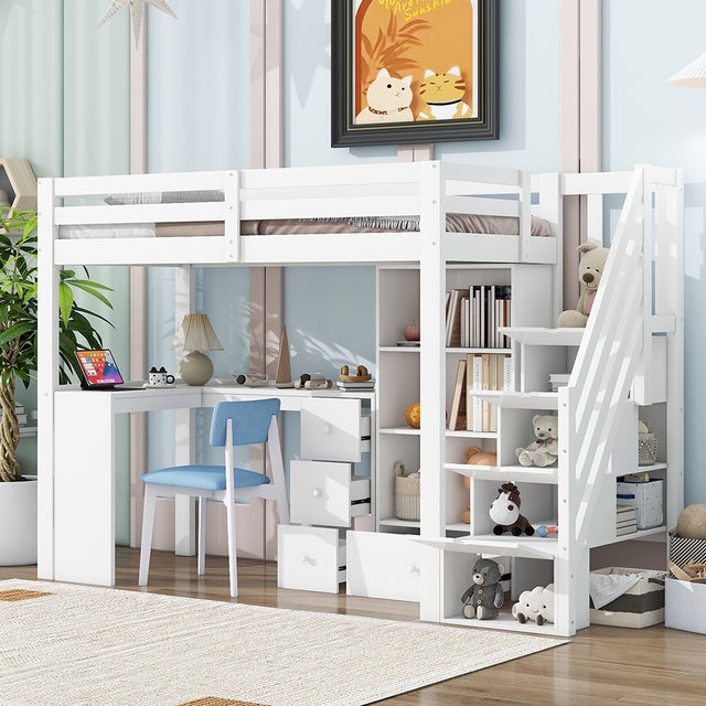 Lit mezzanine Lit enfant simple 90x200 cm garde-corps bureau tiroirs armoire de rangement ouverte escabeau escamotable blanc