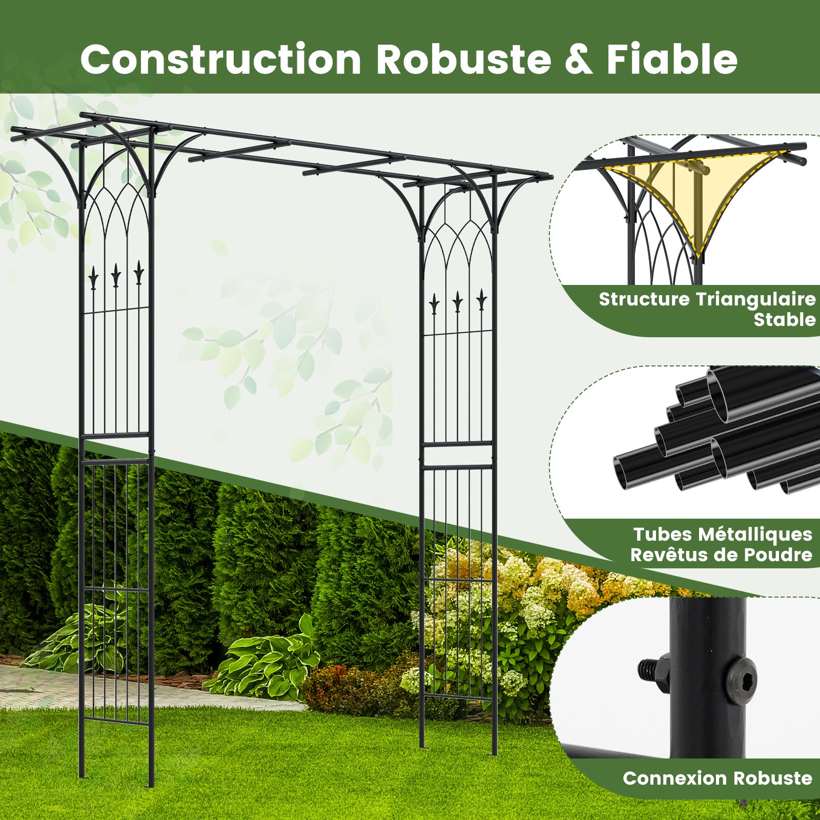 Arche de Jardin en Métal pour Plantes Grimpantes, Arceau à Rosiers en Treillis Extérieur 205x52x206CM, Support de Toile de Fond Élégant, Noir - 9