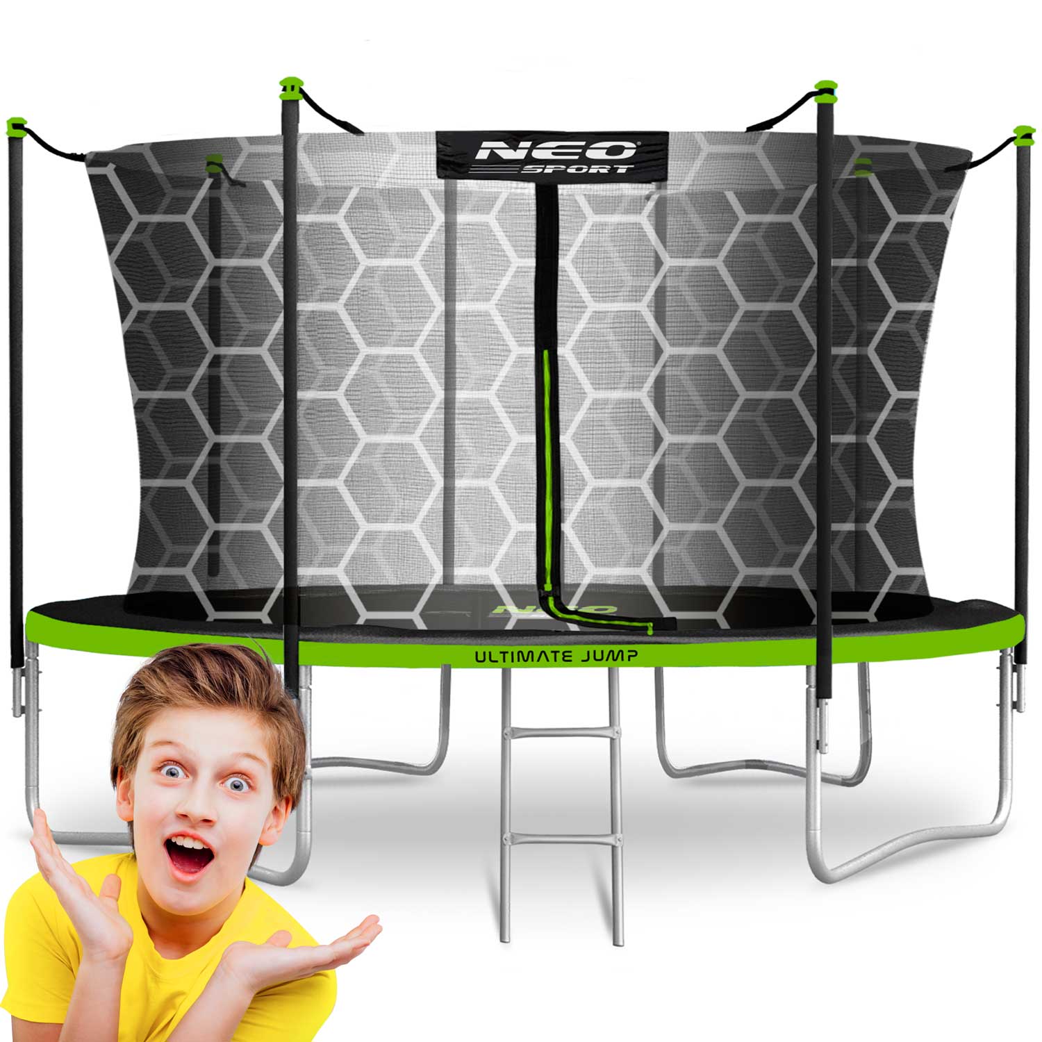 Duża trampolina ogrodowa dla dzieci 374cm 12ft + drabinka siatka wewnętrzna Neo-Sport