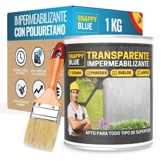 [1L + Brocha] Impermeabilizante transparente con poliuretano. Sella fugas de agua en techos, terrazas y exteriores. Hidrofugante invisible.