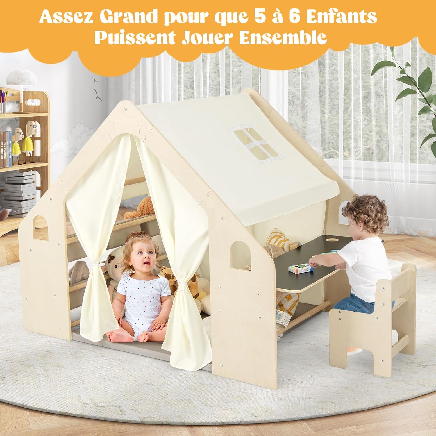 6 en 1 Tente de Jeu Enfants Cadre en Bois Massif, Table & Chaise, Tapis et Rideaux Amovibles, Maisonnette pour 2-6 Ans, 145x98x113cm - 7