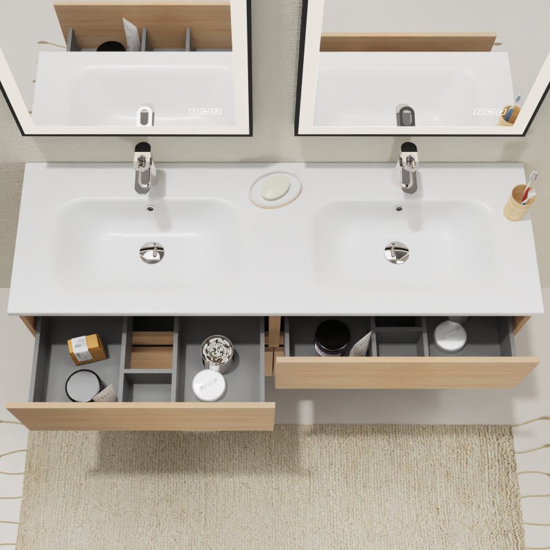 Meuble salle de bain 140 cm - Double vasque Solid surface - Effet chêne sonoma - A suspendre - Karaib 2 - 2