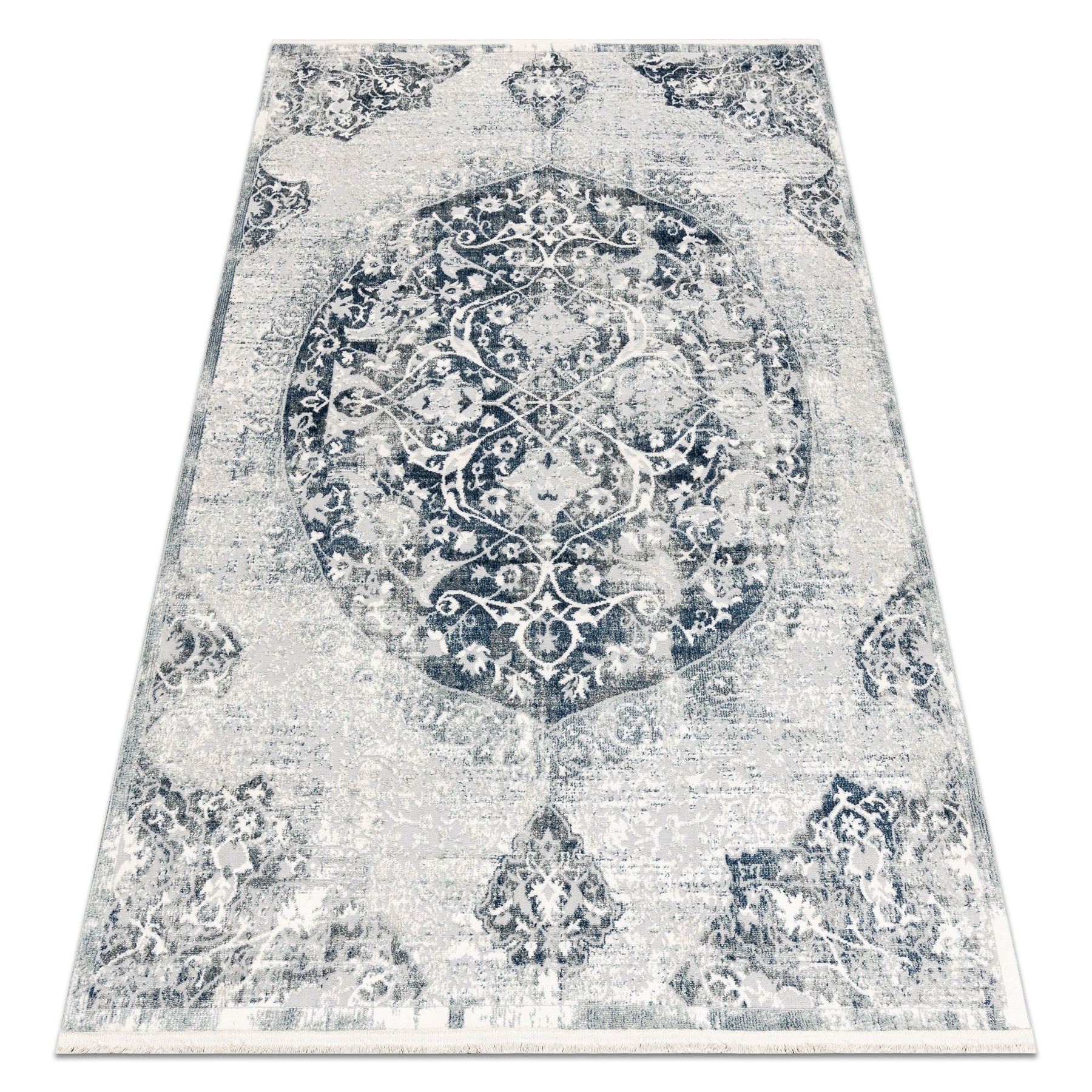 Dywan DISTIN 0820A granatowy / niebieski / biały nowoczesny - Ornament, vintage, frędzle 200x290 cm