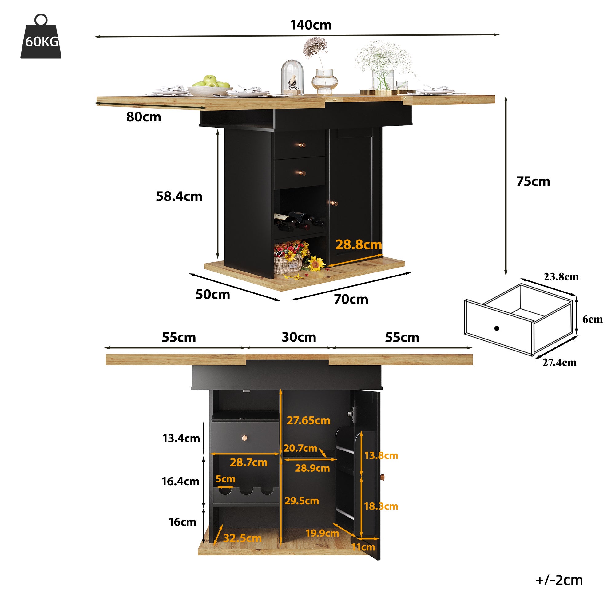 Table à manger extensible 4 à 6 couverts avec 1 tiroir et 2 porte - 110/140 x 80 x 75 cm - MDF - Noir + naturel - 3