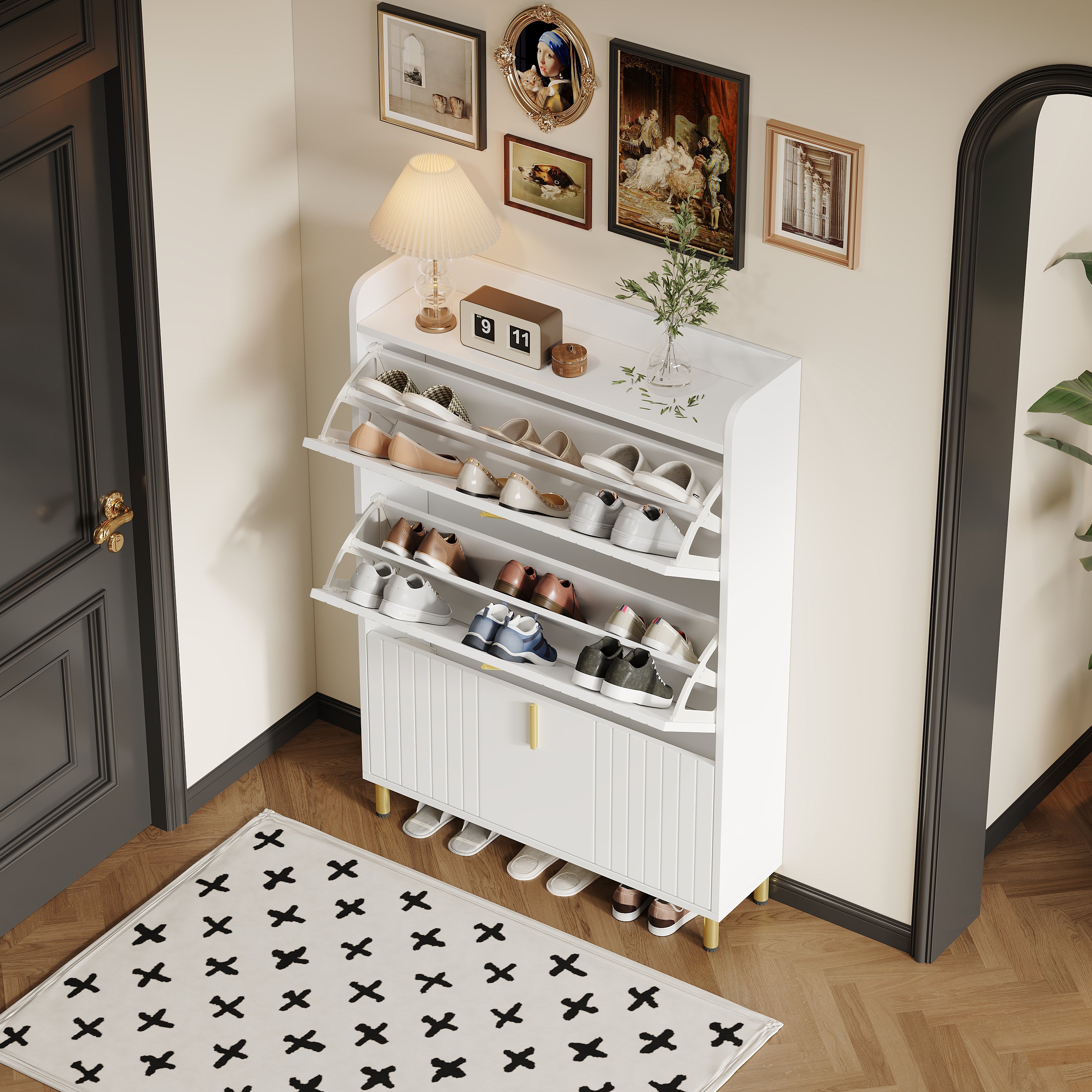 Meuble à chaussures avec 3 compartiments - 80 x 23.5 x 123.5 cm - Dispositif anti-basculement - MDF - Blanc - 2