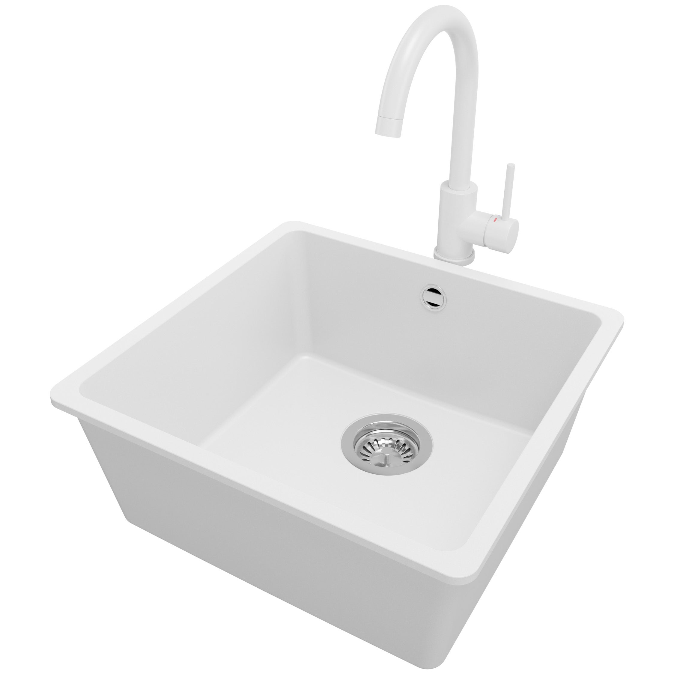Zlewozmywak Granitowy Biały 46x44cm, Zlew Kuchenny 1 Komorowy + Bateria 32x20cm + Syfon, Nablatowy do szafki od 50cm - Wenecja Slim Easy PRIMAGRAN