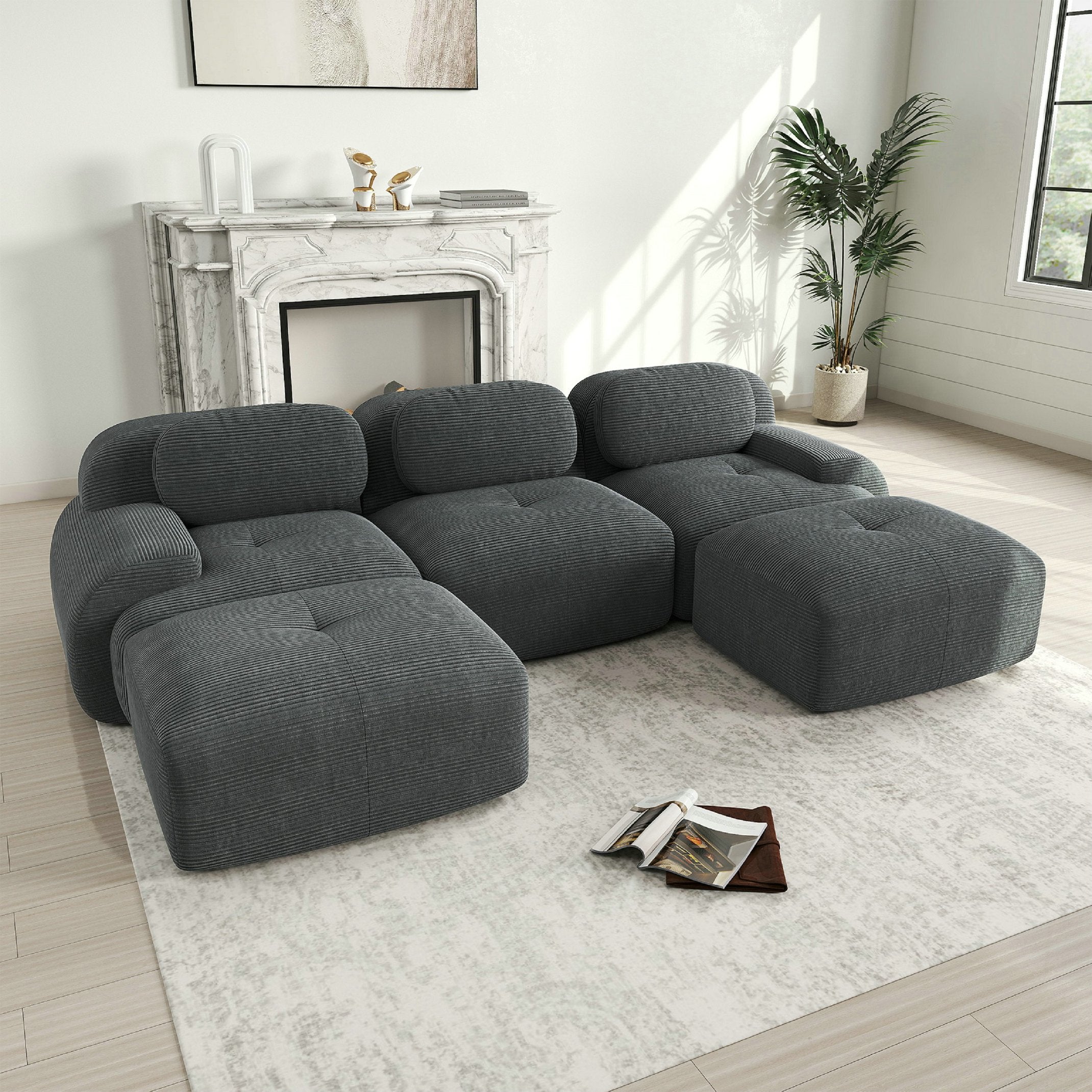 Canapé d\'angle modulable 3 places avec 2 poufs en velours côtelé - Accroupiers extra-larges- Tissu velours côtelé respirant - gris - 3
