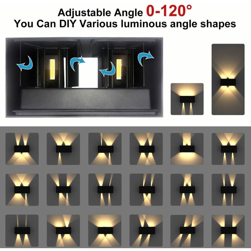 Applique murale intérieure/exterieure led 24W,Avec Angle de Faisceau Réglable Etanches IP65 eclairage exterieur led,3000K Blanc Chaud Noir , 2 unité - 4