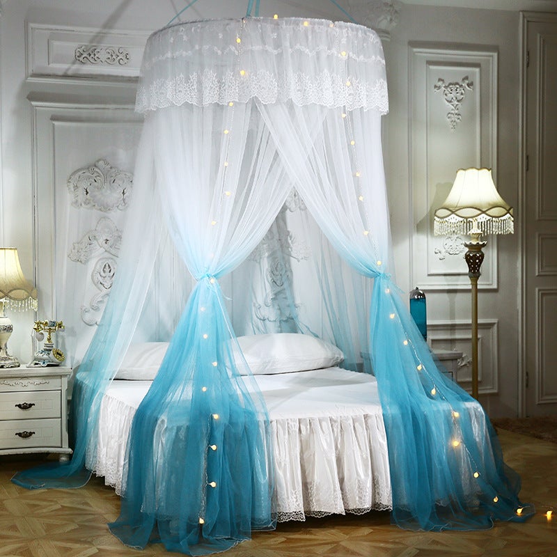 Dosel para cama de princesa azul, mosquitera con luces de hadas, dosel tipo cúpula para camas, extra grande, tres aberturas, 120x270x1000cm