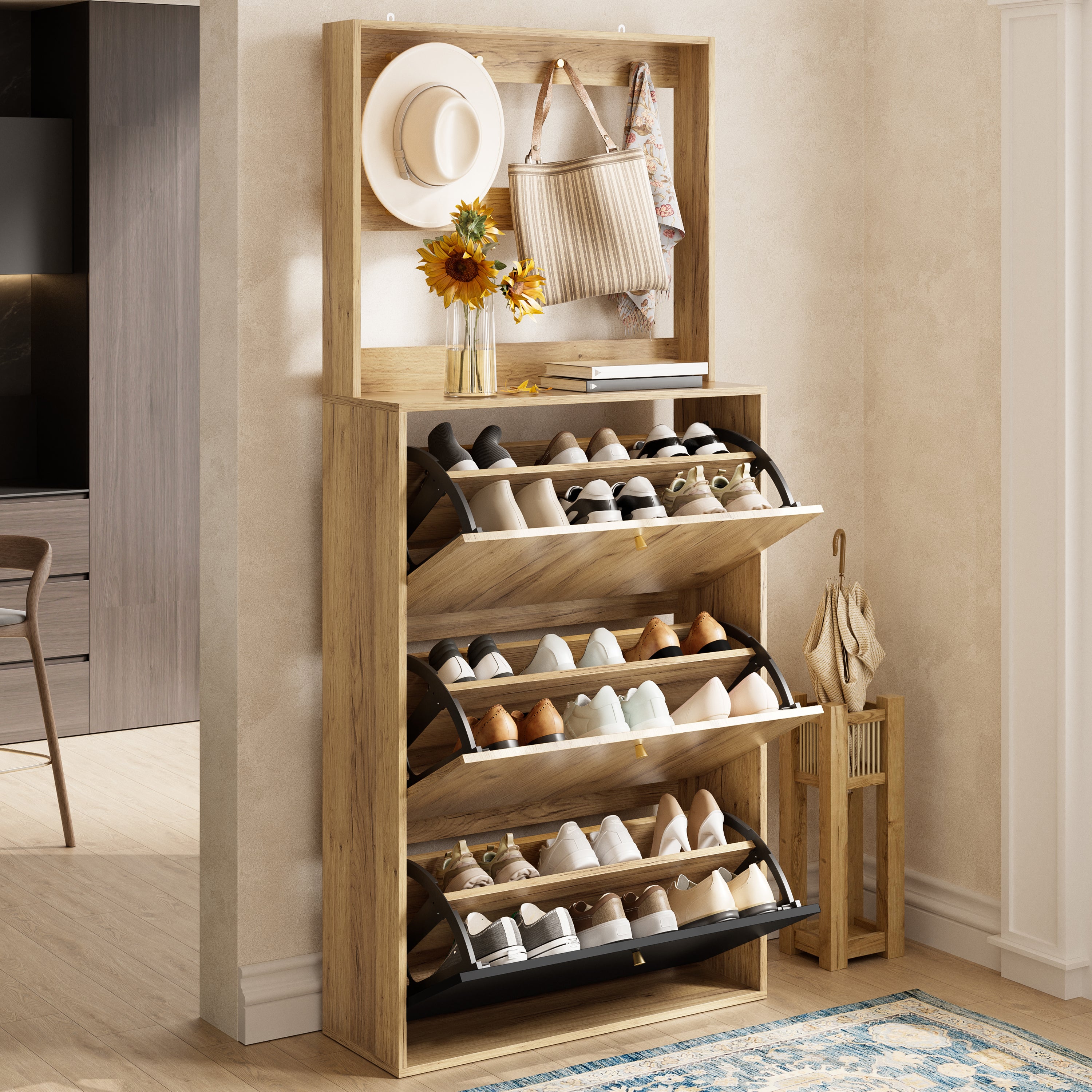 Dulap modern de pantofi cu cârlige, 3 compartimente de depozitare pliabile, potrivite pentru hol, aspect din lemn natural + negru