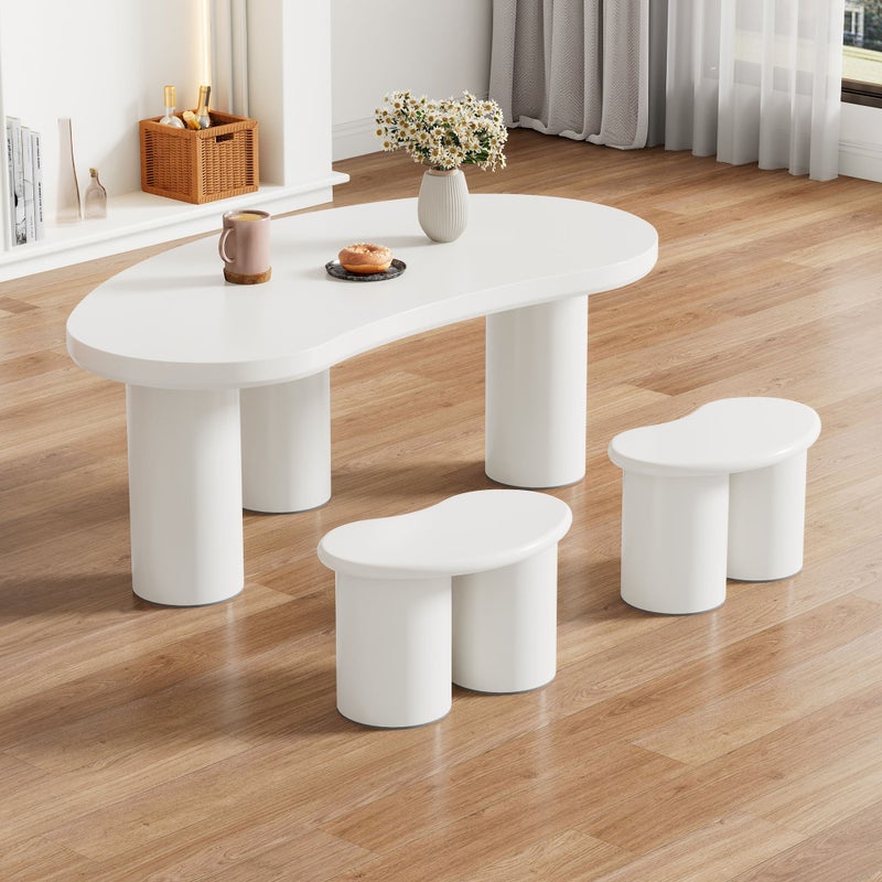 Stolik kawowy w kształcie nieregularnego półksiężyca z 2 małymi stołkami, 107*57*40,5 cm, blat MDF, nogi PVC