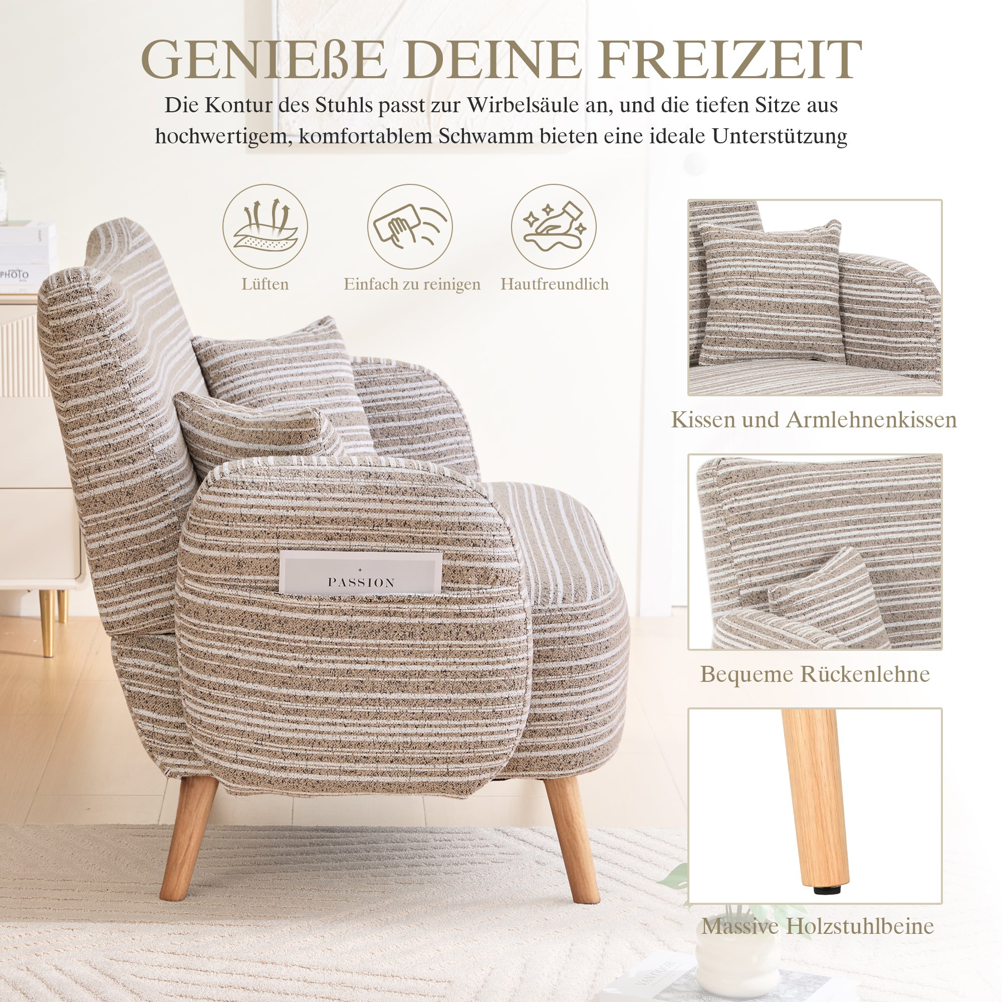Canapé 2 places moderne avec poches de rangement, petit sofa profond avec accoudoirs rembourrés pour appartement et chambre, canapé droit chic, Beige - 7