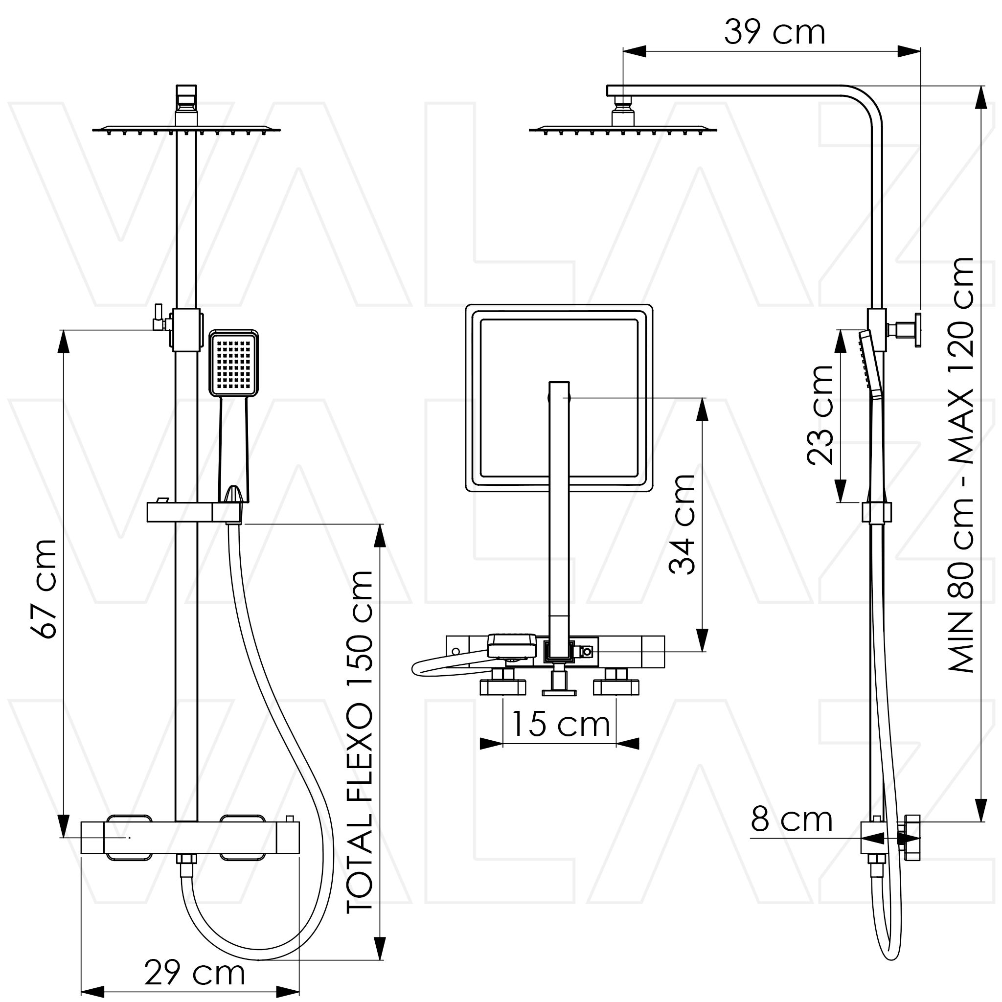 Valaz Barre de douche thermostatique carrée réglable jusqu'à 120 cm noir mat - Série Segura - 20 cm - 2