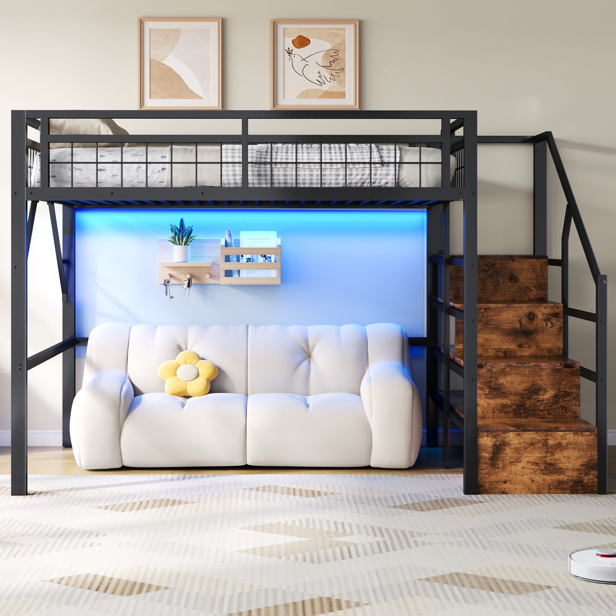 Lit Mezzanine 140x200cm avec LED, Escalier de Rangement, Lit superposé enfant avec Espace Libre Aménageable en Dessous, Cader Métal Noir, sans Matelas - 2