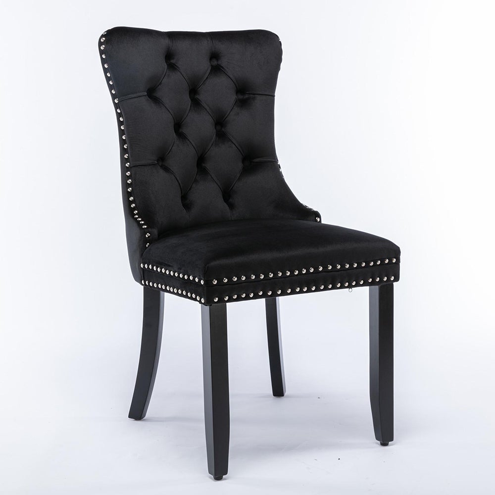 Ensemble de chaises de salle à manger, avec pieds en bois et garniture à clous, revêtement en velours, structure en bois massif,noir - 6