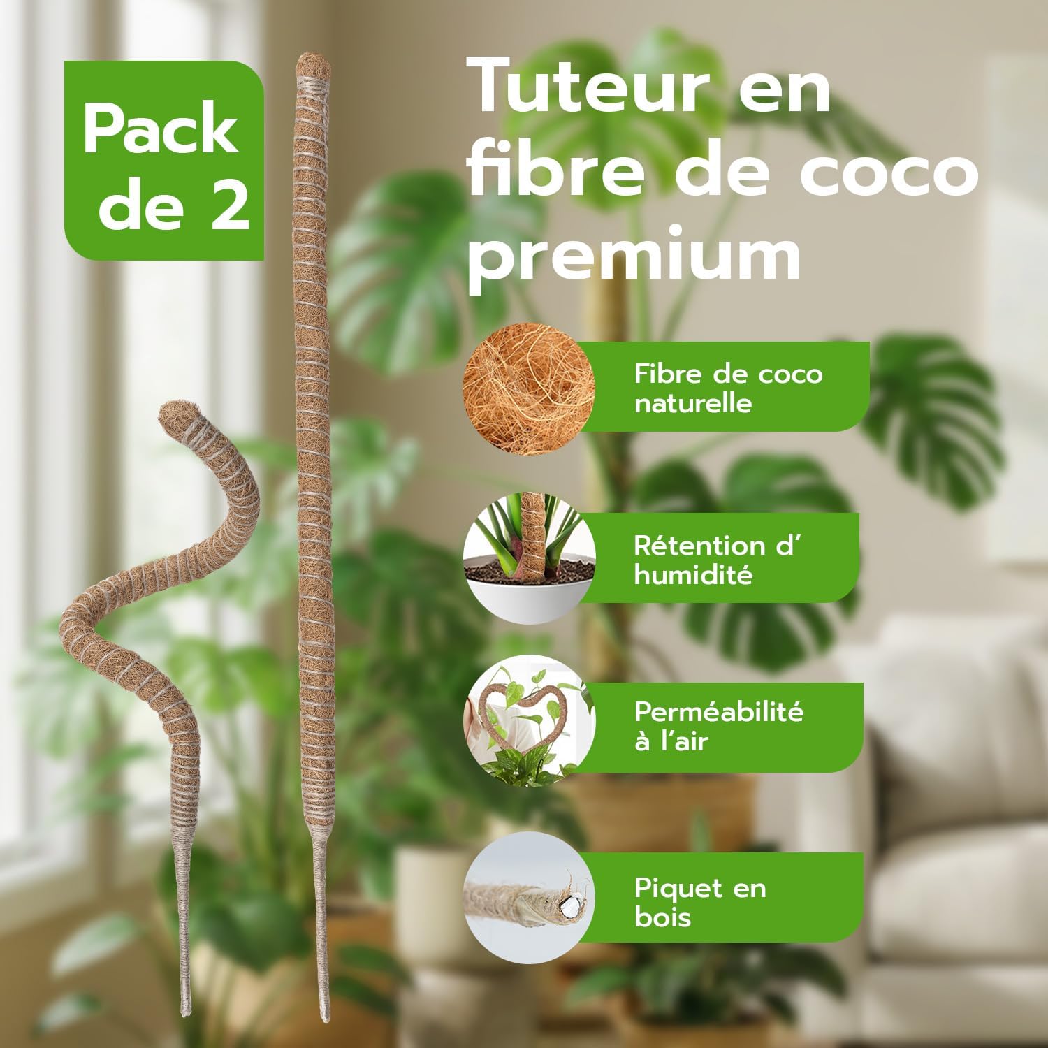 （2 Pièces） Tuteur Plante Grimpante en Coco sur Piquet 60 cm, Support de Croissance de Plantes Grimpantes, Poteau Pliable en Coco de 4 mm - 2