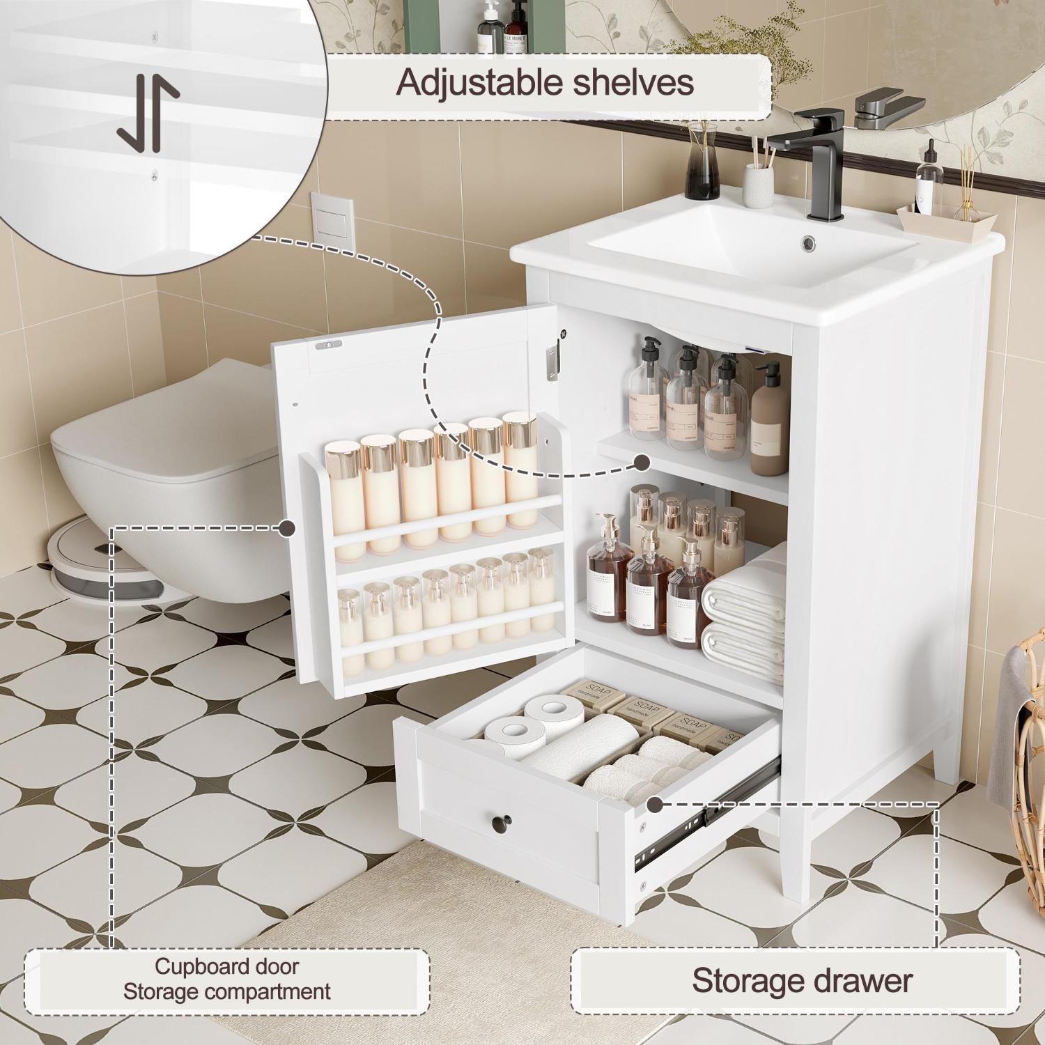 Mobile lavabo 51x46x85 cm con lavandino in ceramica, cassetto silenzioso, ripiano regolabile, design impermeabile in MDF, bianco - 4