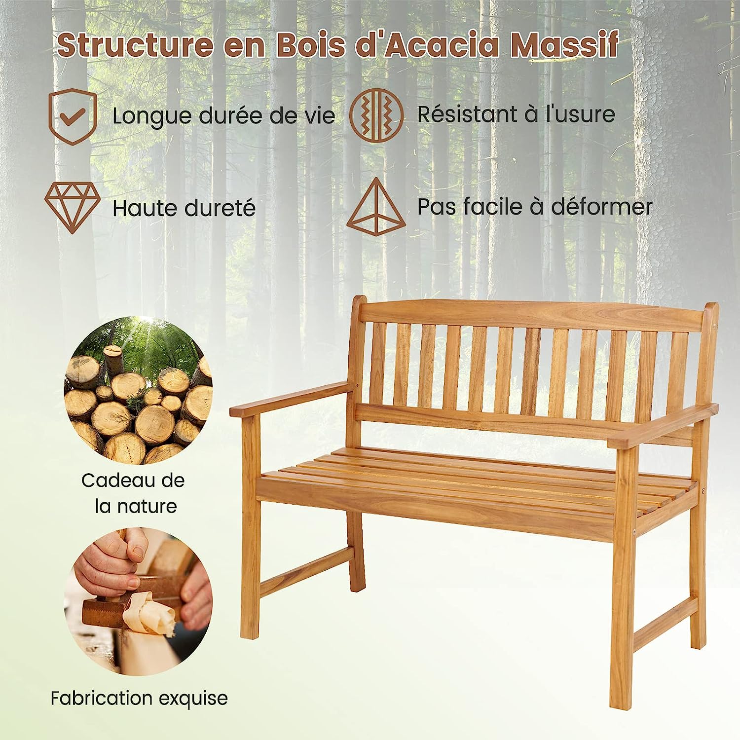 Banc de Jardin en Bois en Acacia pour 2 Personnes, Banquette à Lattes Charge 360KG, pour Patio Cour Balcon, 110 x 56,5 x 86 cm - 2