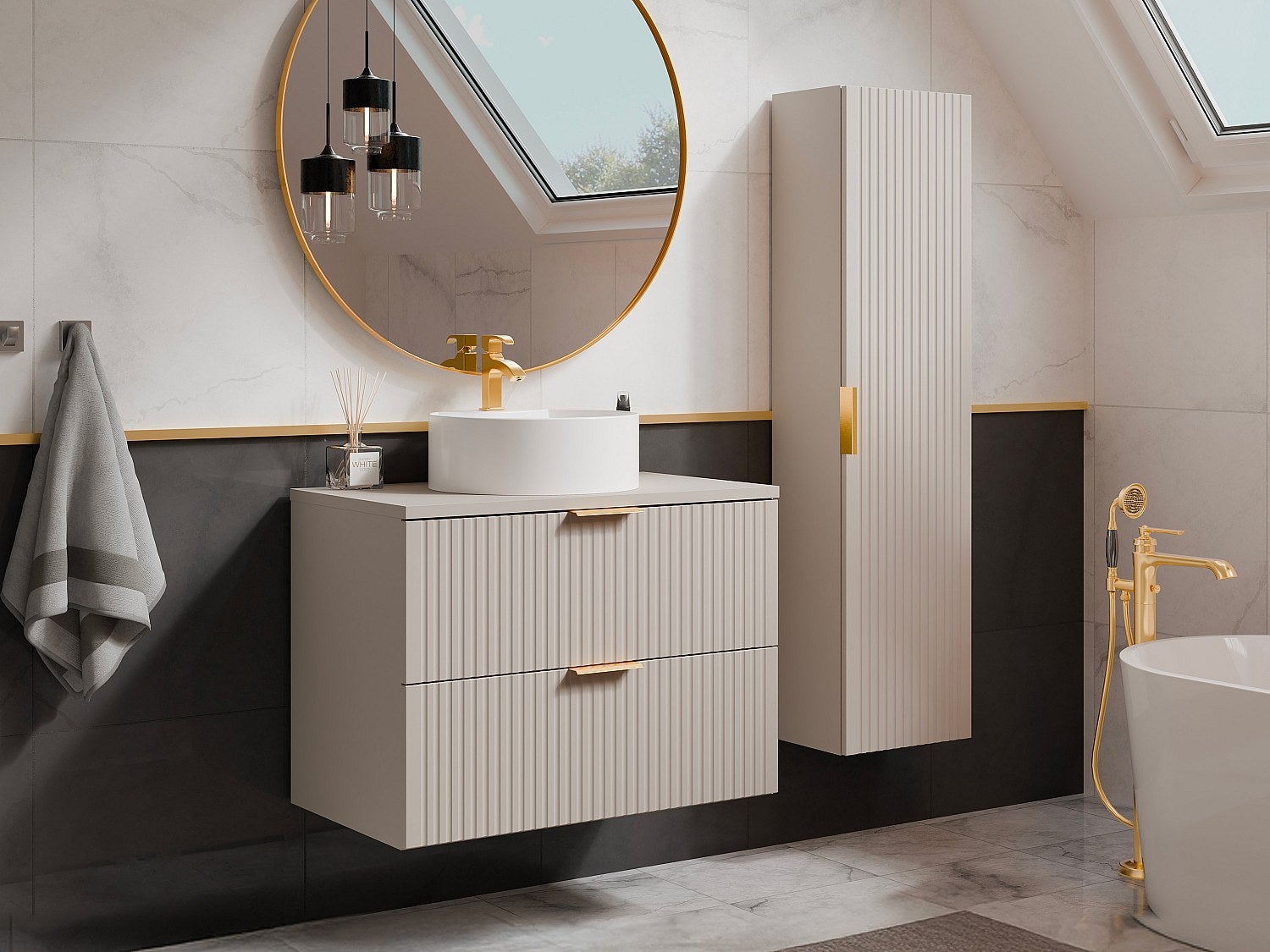 Wisząca szafka łazienkowa z prążkowaną fakturą, z okrągłą umywalką nablatową i słupkiem – kolor beżowy – 80 cm – ZEVARA