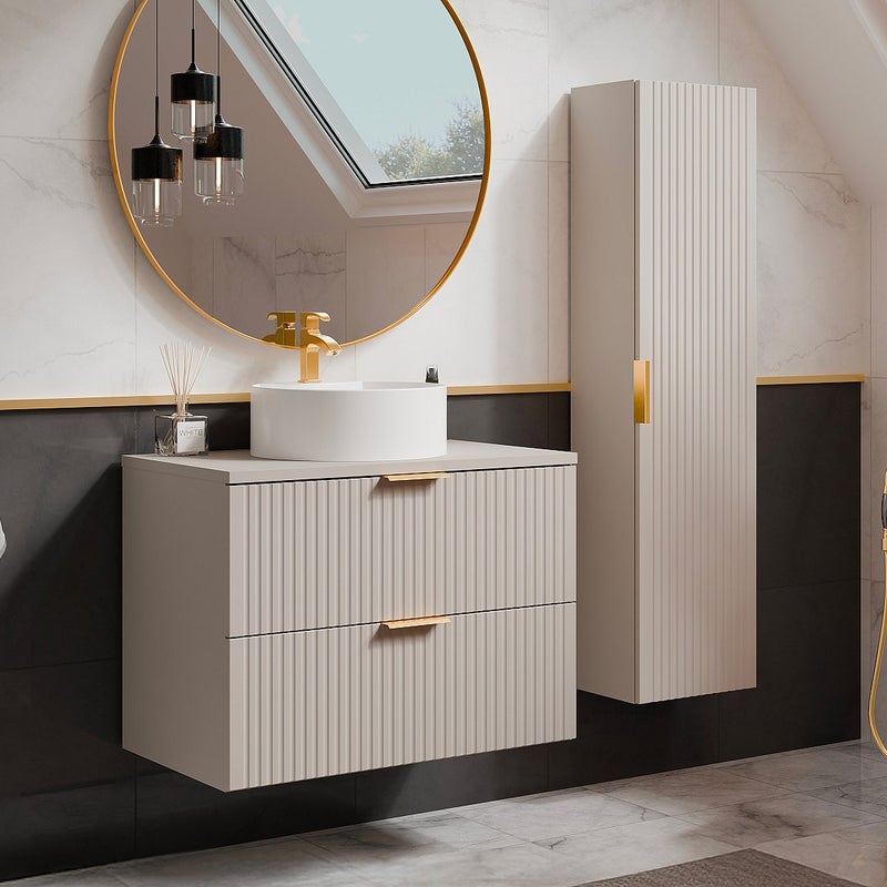 Wisząca szafka łazienkowa z prążkowaną fakturą, z okrągłą umywalką nablatową i słupkiem – kolor beżowy – 80 cm – ZEVARA