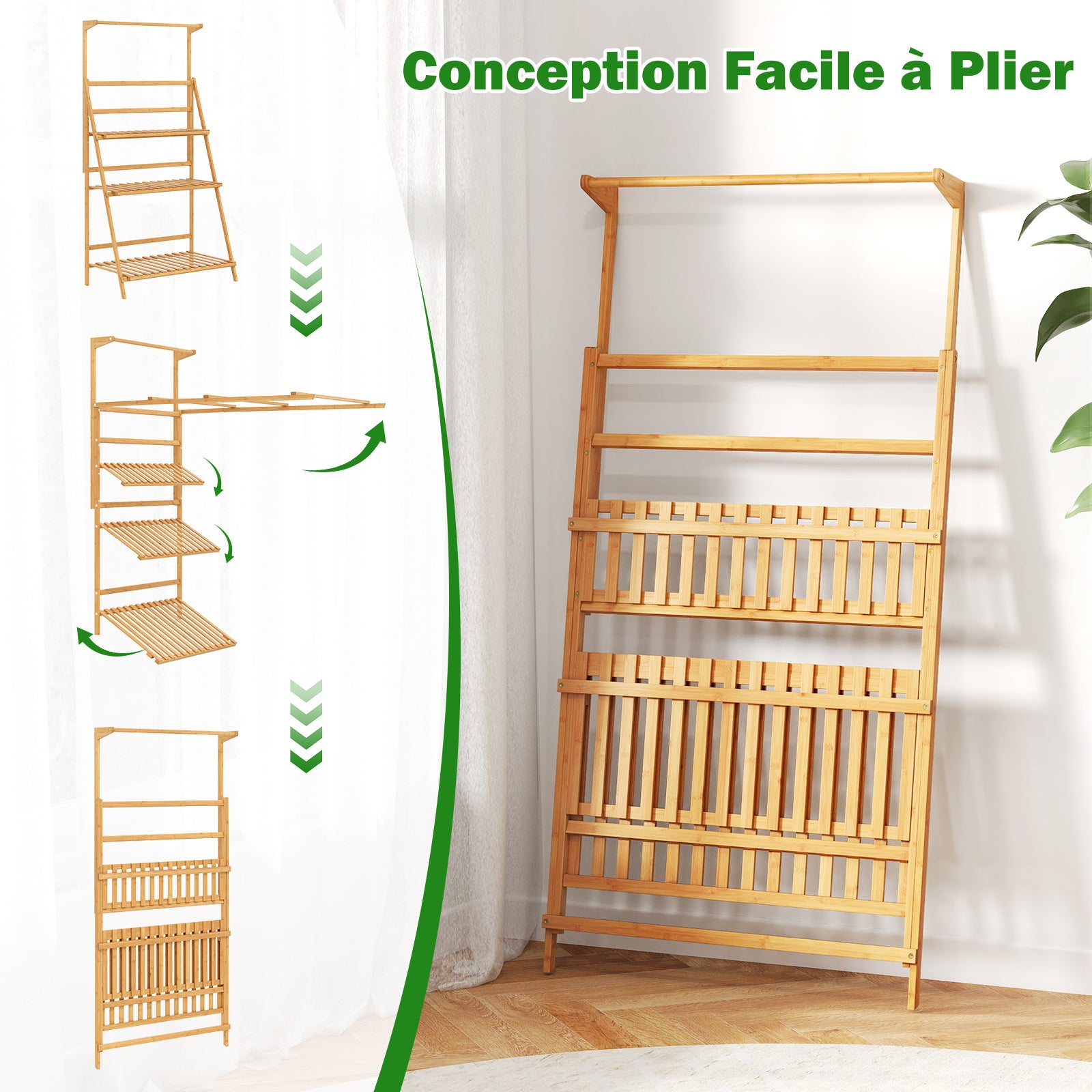 Etagère de jardin pliables à 3 niveaux de rangement, Support Plantes Interieur, 71×40×120-144 cm, bambou brut - 3