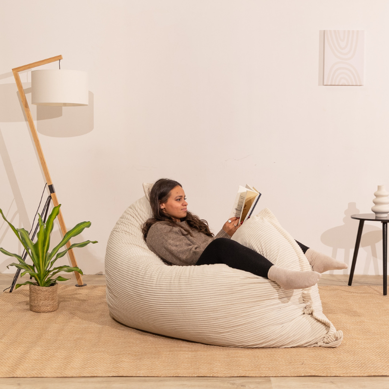 Pouf velours côtelé déhoussable BANANAIR 180 x 140 cm blanc cassé - 7