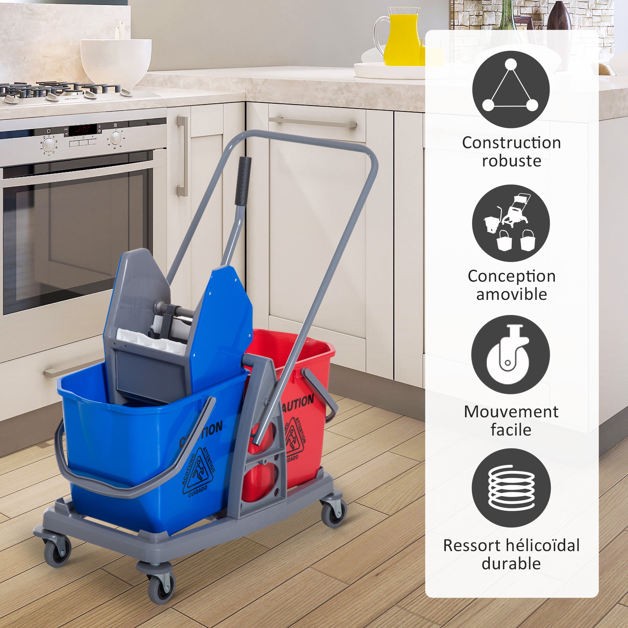 Chariot de lavage - chariot de nettoyage - HOMCOM - professionnel presse mâchoire 2 seaux 25 L mobile - plastique - gris bleu rouge - 4