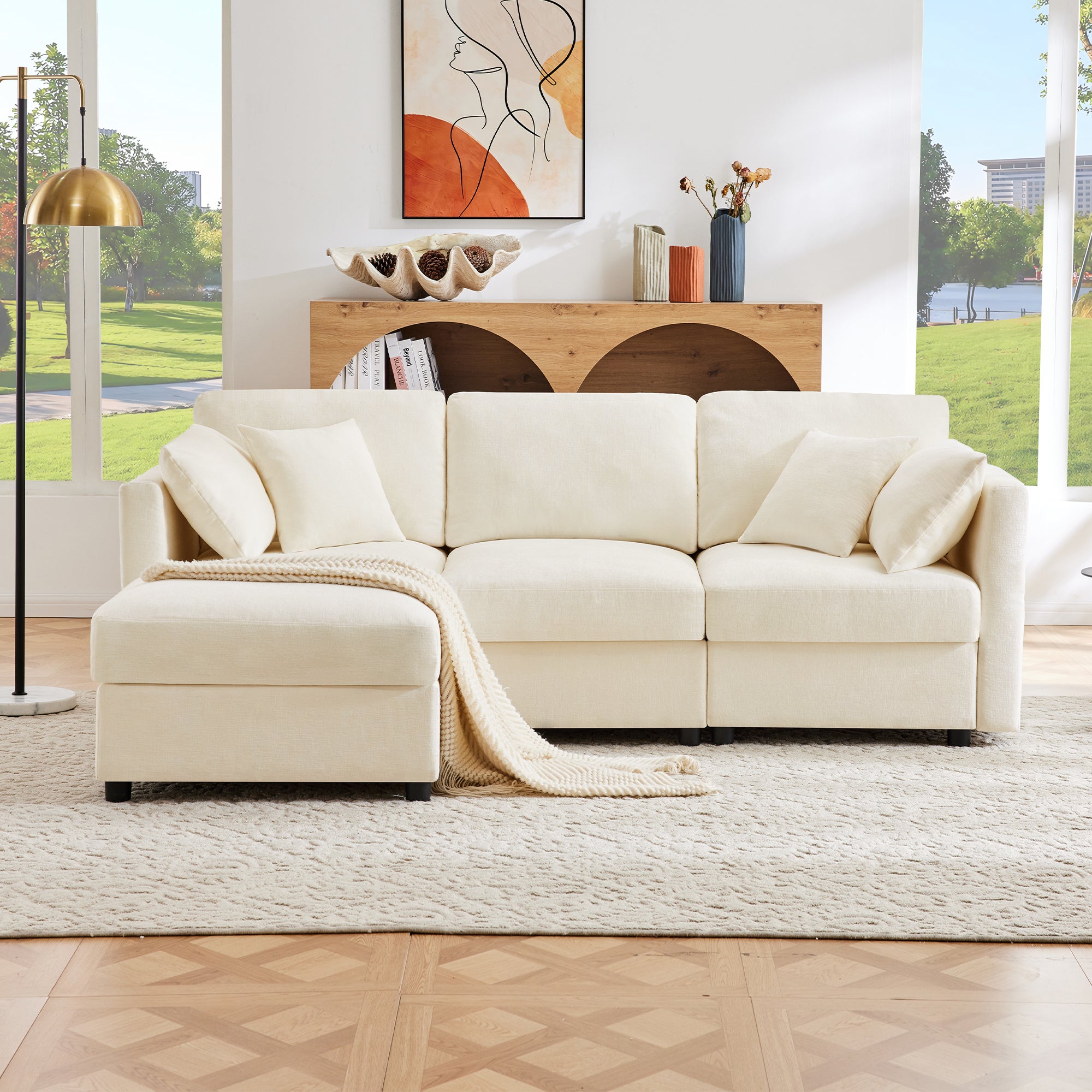 Divano angolare 3 posti con poggiapiedi e braccioli regolabili - 218 x 156,5 x 86 cm - Tessuto ciniglia - Beige - 2